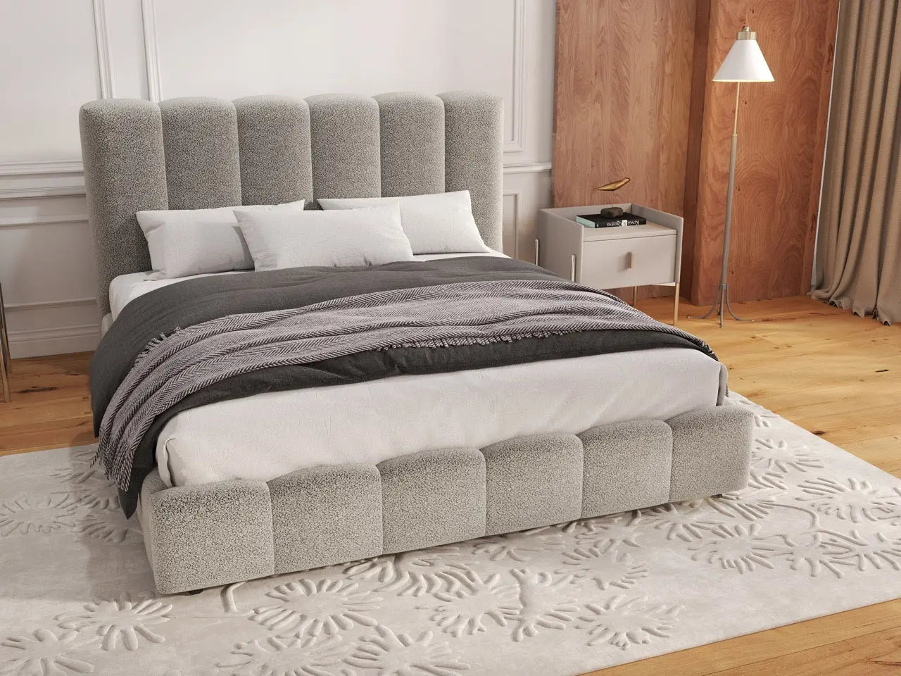Pat dormitor dumonde, tapitat gri, Milano 180x200 cm, somiera rabatabila inclusa, spatiu depozitare WLS