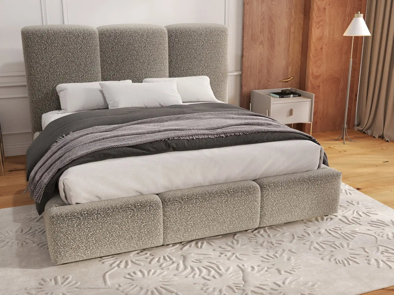 Pat dormitor dumonde, tapitat gri, Dinasty 160x200 cm, somiera rabatabila inclusa, spatiu depozitare WLS
