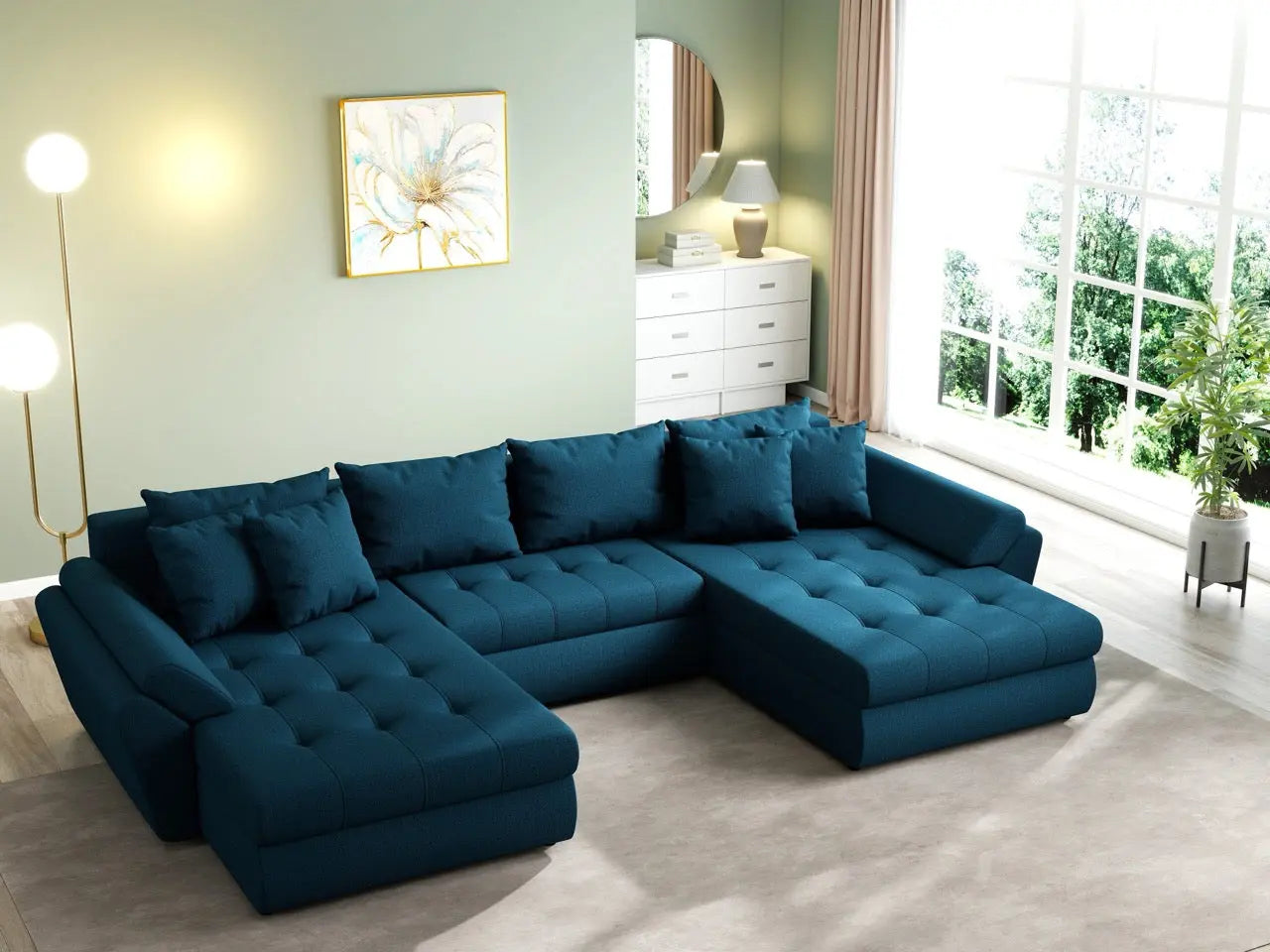 Colțar extensibil dumonde cu ladă de depozitare si sezut confortabil din spuma HR, Loana U Enjoy Petrol 355x185 cm Fabrica