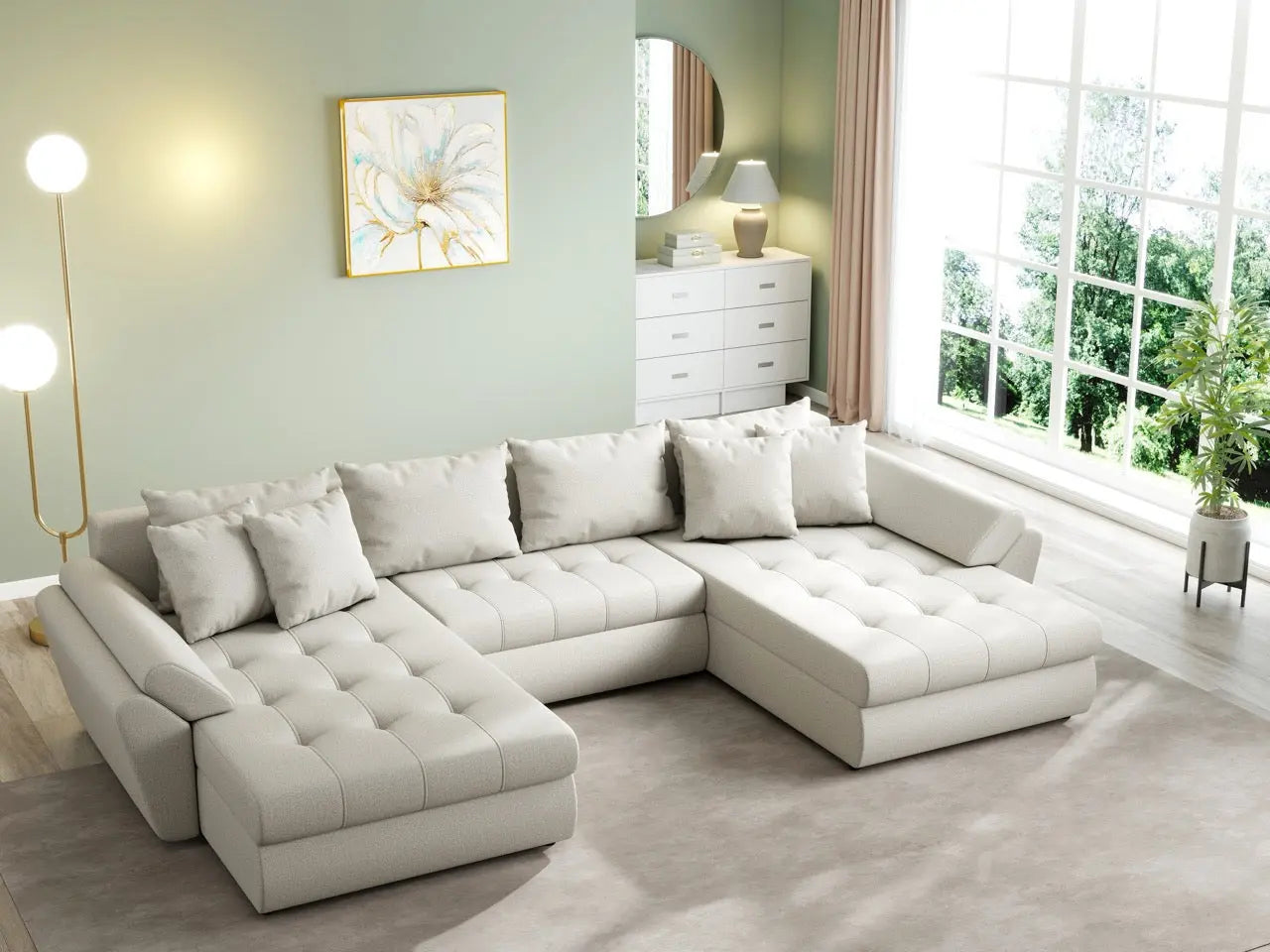 Colțar extensibil dumonde cu ladă de depozitare si sezut confortabil din spuma HR, Loana U Enjoy Bej 355x185 cm Fabrica