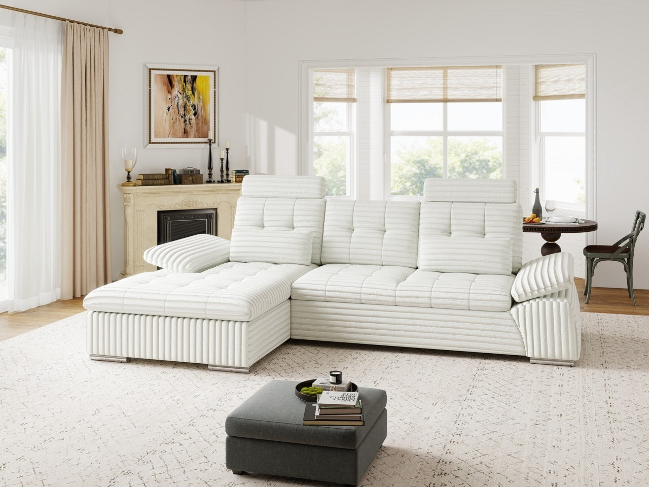 Colțar extensibil dumonde cu ladă de depozitare și șezut confortabil din spumă HR, Merkur Ambience Alb 270x168 cm