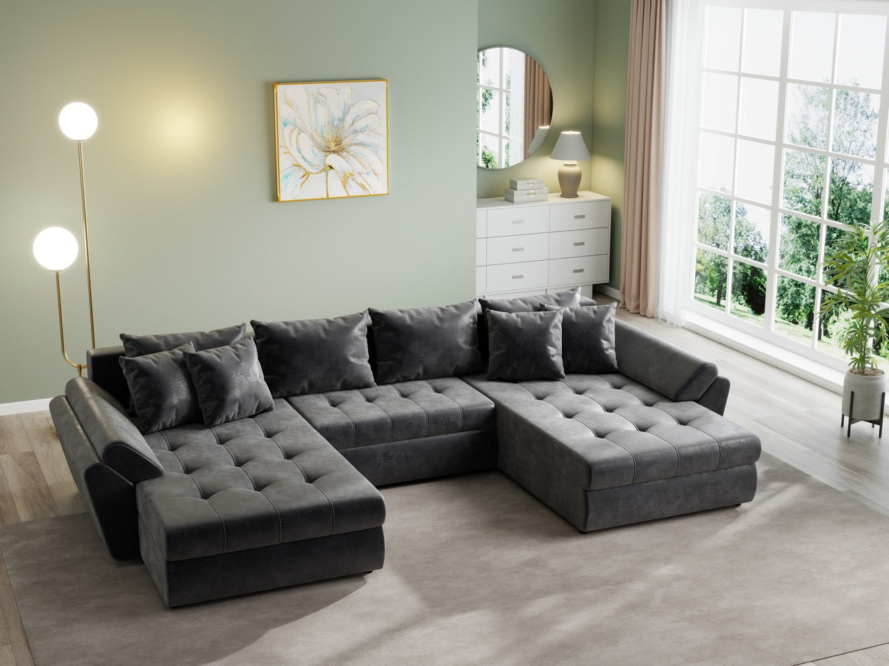 Colțar extensibil dumonde cu ladă de depozitare si sezut confortabil din spuma HR, Loana U Dark Brown 355x185 cm