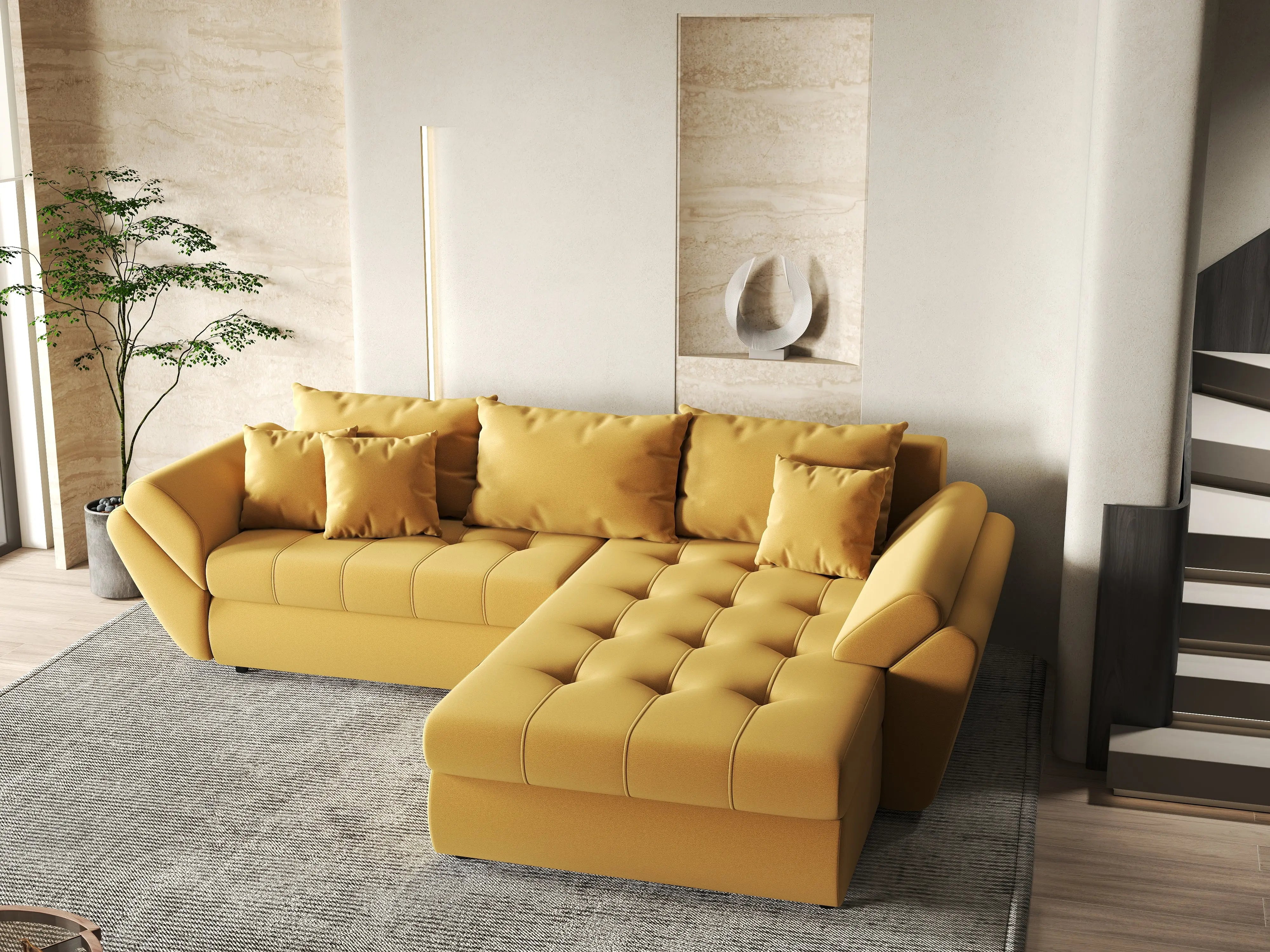 Colțar extensibil dumonde cu ladă de depozitare si sezut confortabil din spuma HR, Loana Muștar II 270x185 cm Fabrica