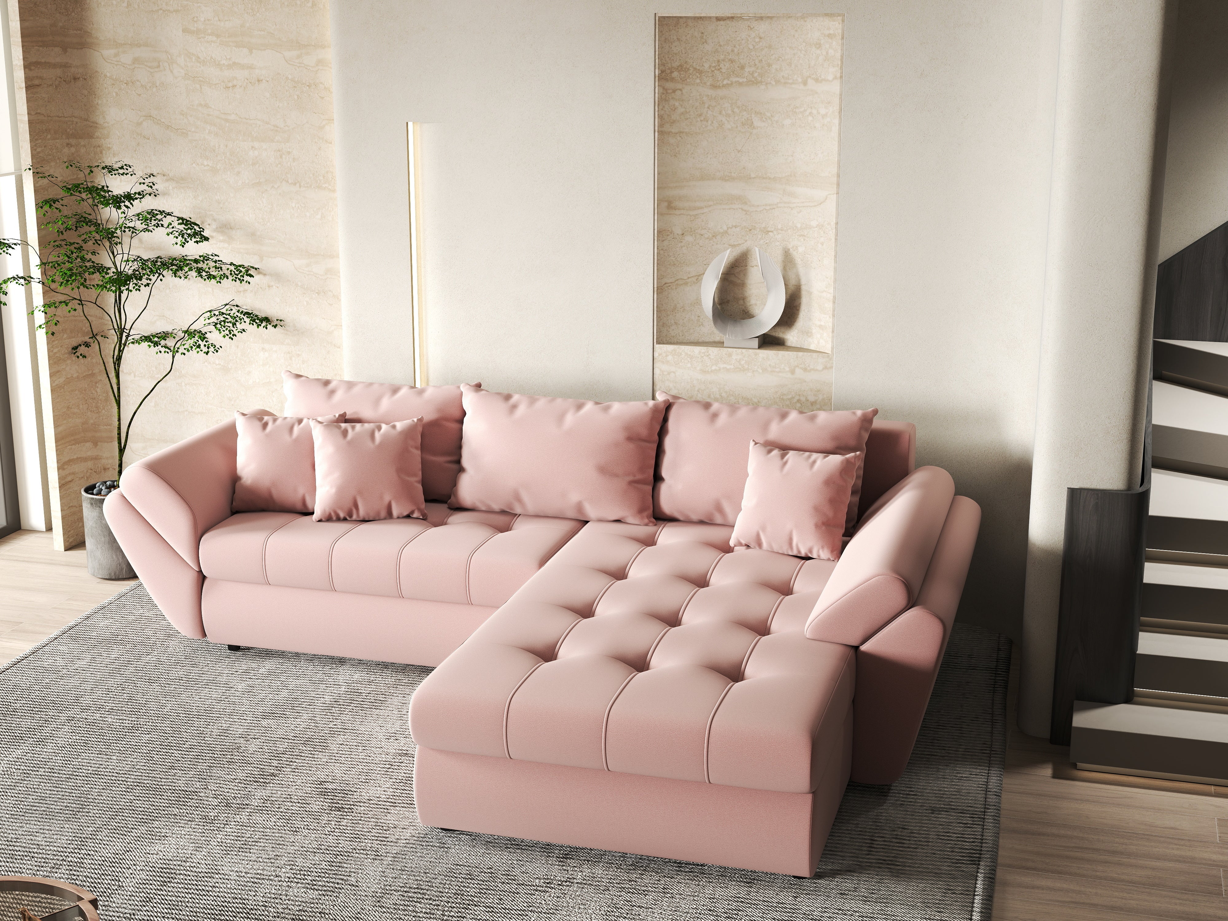 Colțar extensibil dumonde cu ladă de depozitare si sezut confortabil din spuma HR, Loana Royal Pink II 270x185 cm Fabrica
