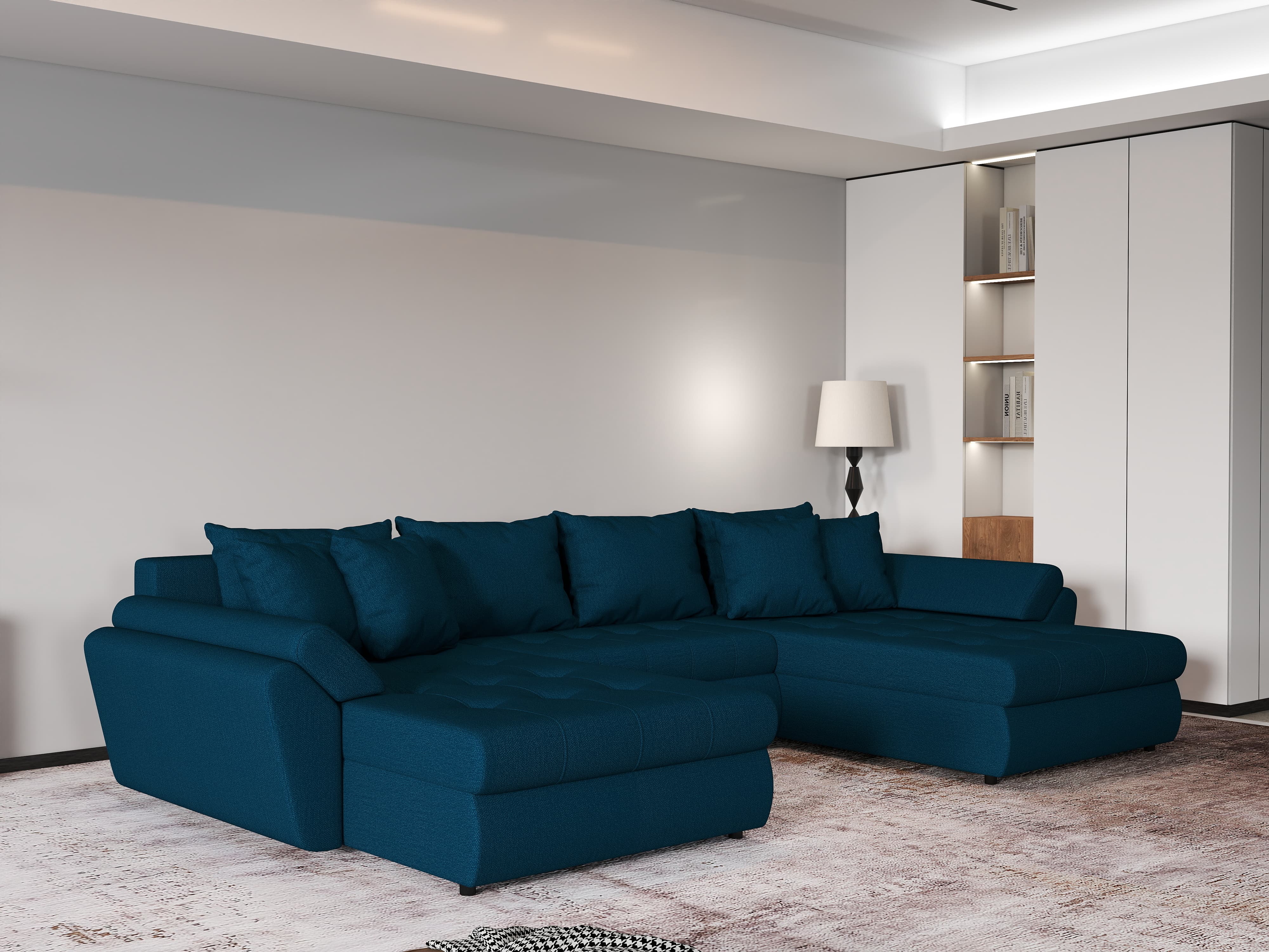 Colțar extensibil dumonde cu ladă de depozitare si sezut confortabil din spuma HR, Loana U Enjoy Petrol 355x185 cm Fabrica