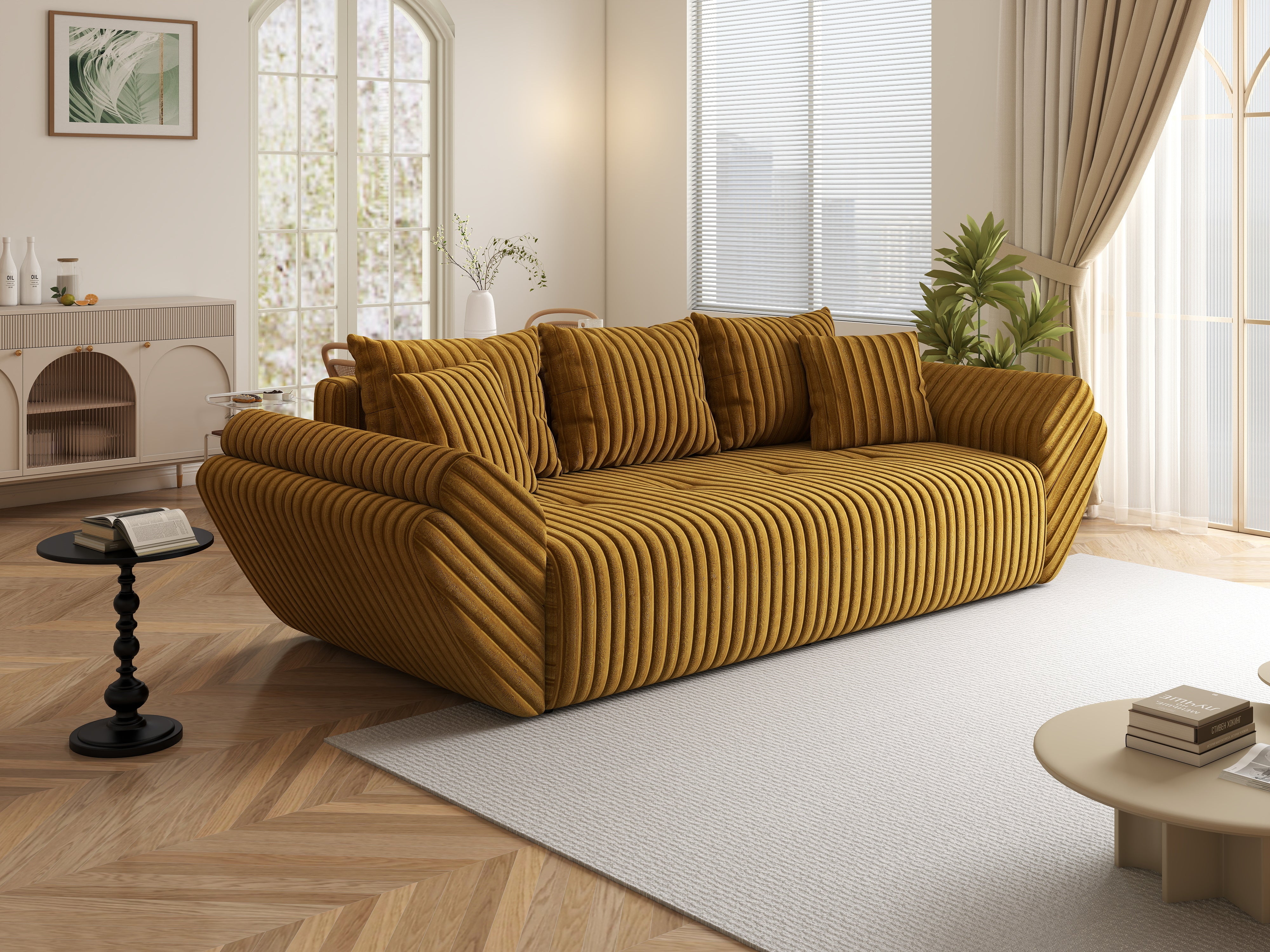 Canapea extensibilă dumonde cu ladă de depozitare si sezut confortabil din spuma HR, Berlin Ambience Mustar 250x100 cm Fabrica