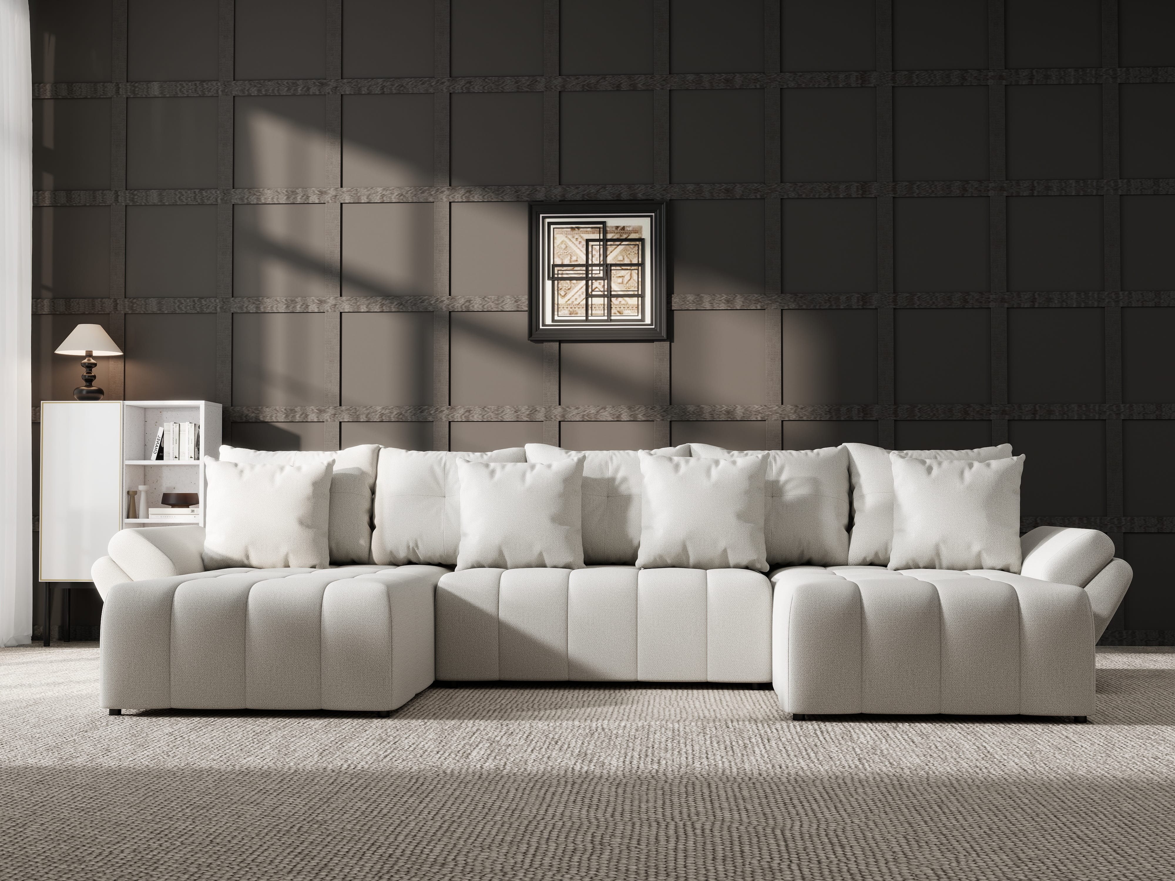 Colțar extensibil dumonde cu ladă de depozitare si sezut confortabil din spuma HR, Berlin U Enjoy Bej 380x180 cm Fabrica