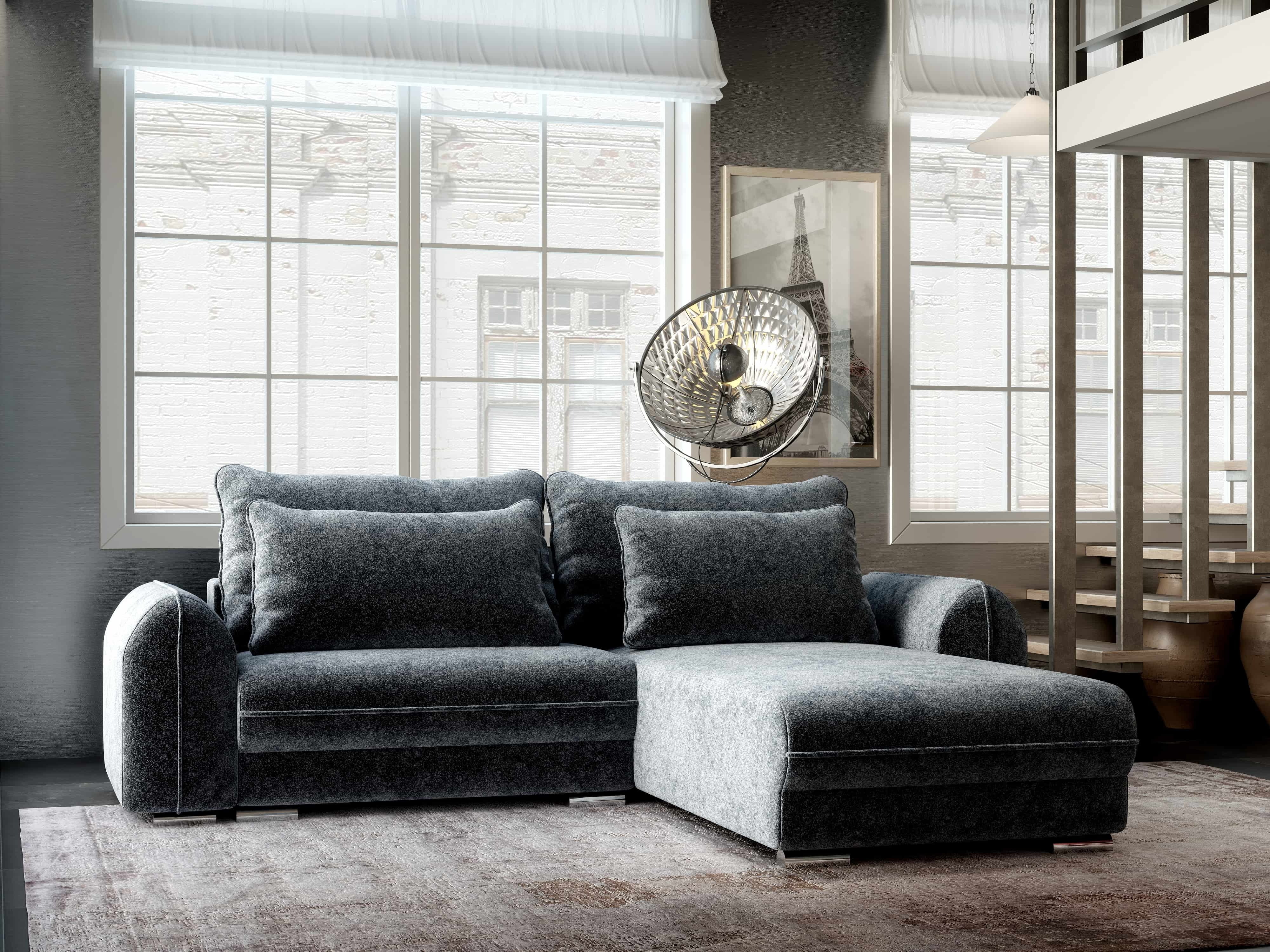 Colțar extensibil dumonde cu ladă de depozitare si sezut confortabil din spuma HR, Denver Euphoria Grafit 275x185 cm II Fabrica