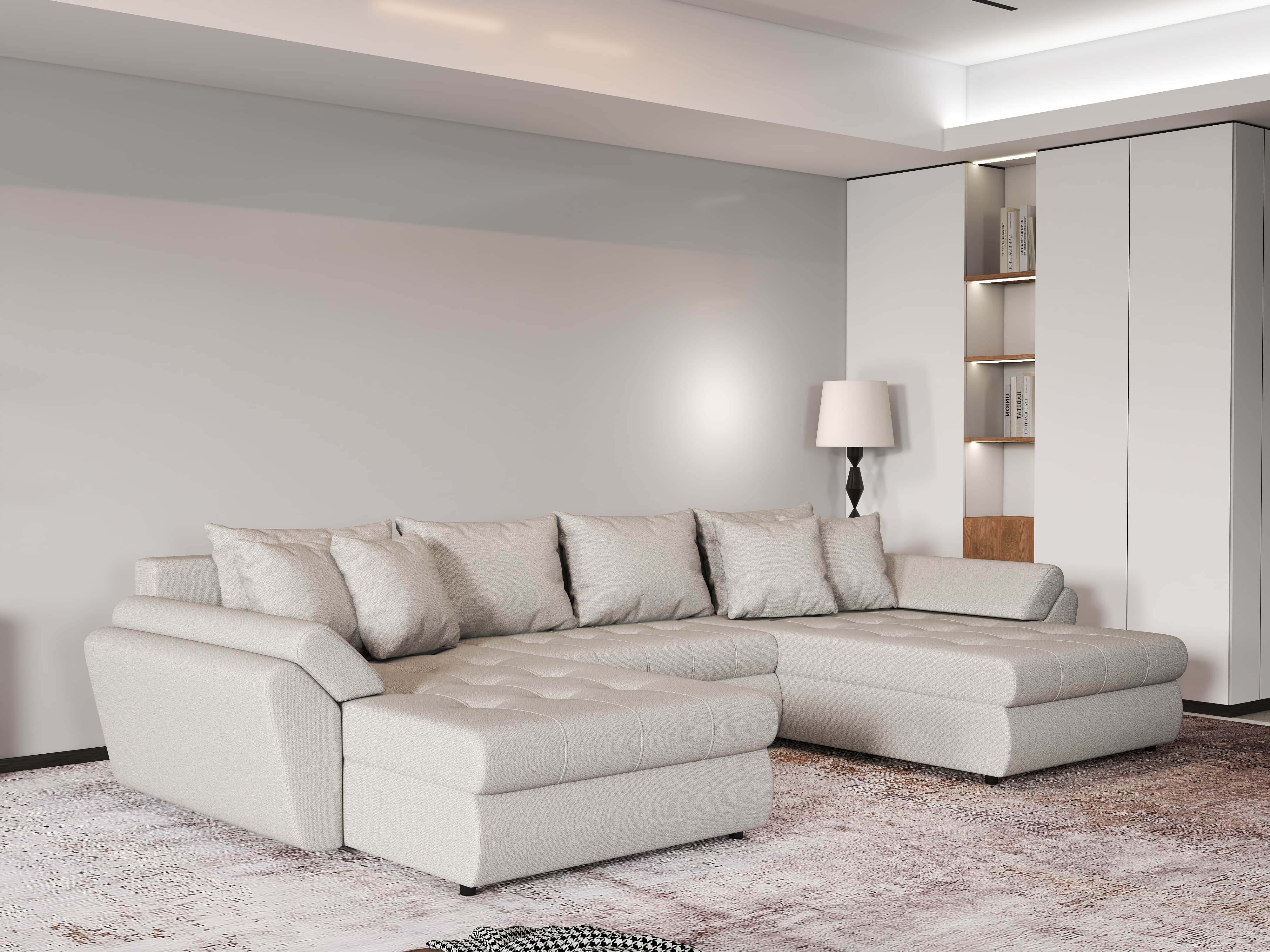 Colțar extensibil dumonde cu ladă de depozitare si sezut confortabil din spuma HR, Loana Bej U 355x185 cm Fabrica