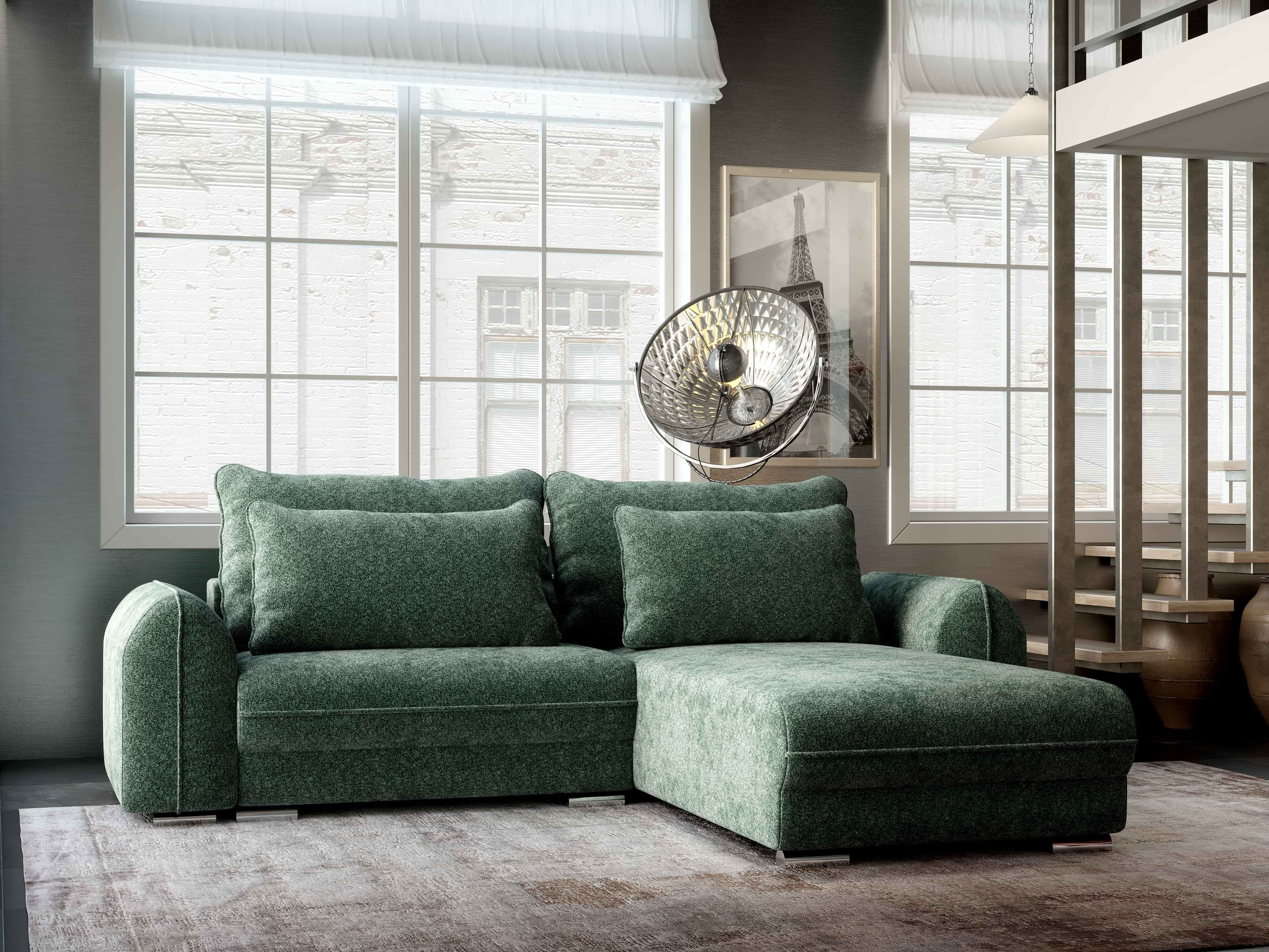 Colțar extensibil dumonde cu ladă de depozitare si sezut confortabil din spuma HR, Denver Euphoria Verde 275x185 cm II Fabrica