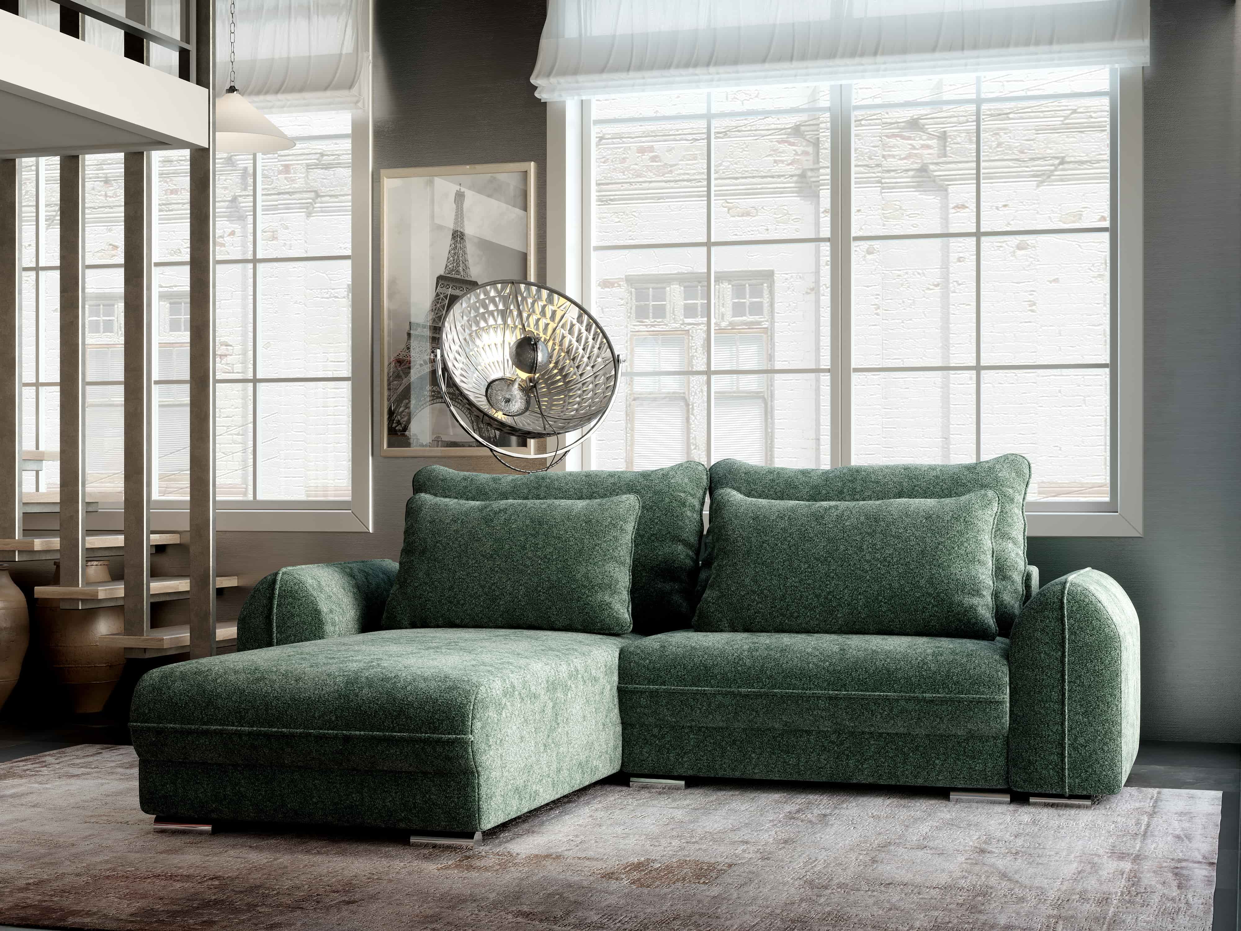 Colțar extensibil dumonde cu ladă de depozitare si sezut confortabil din spuma HR, Denver Euphoria Verde 275x185 cm Fabrica