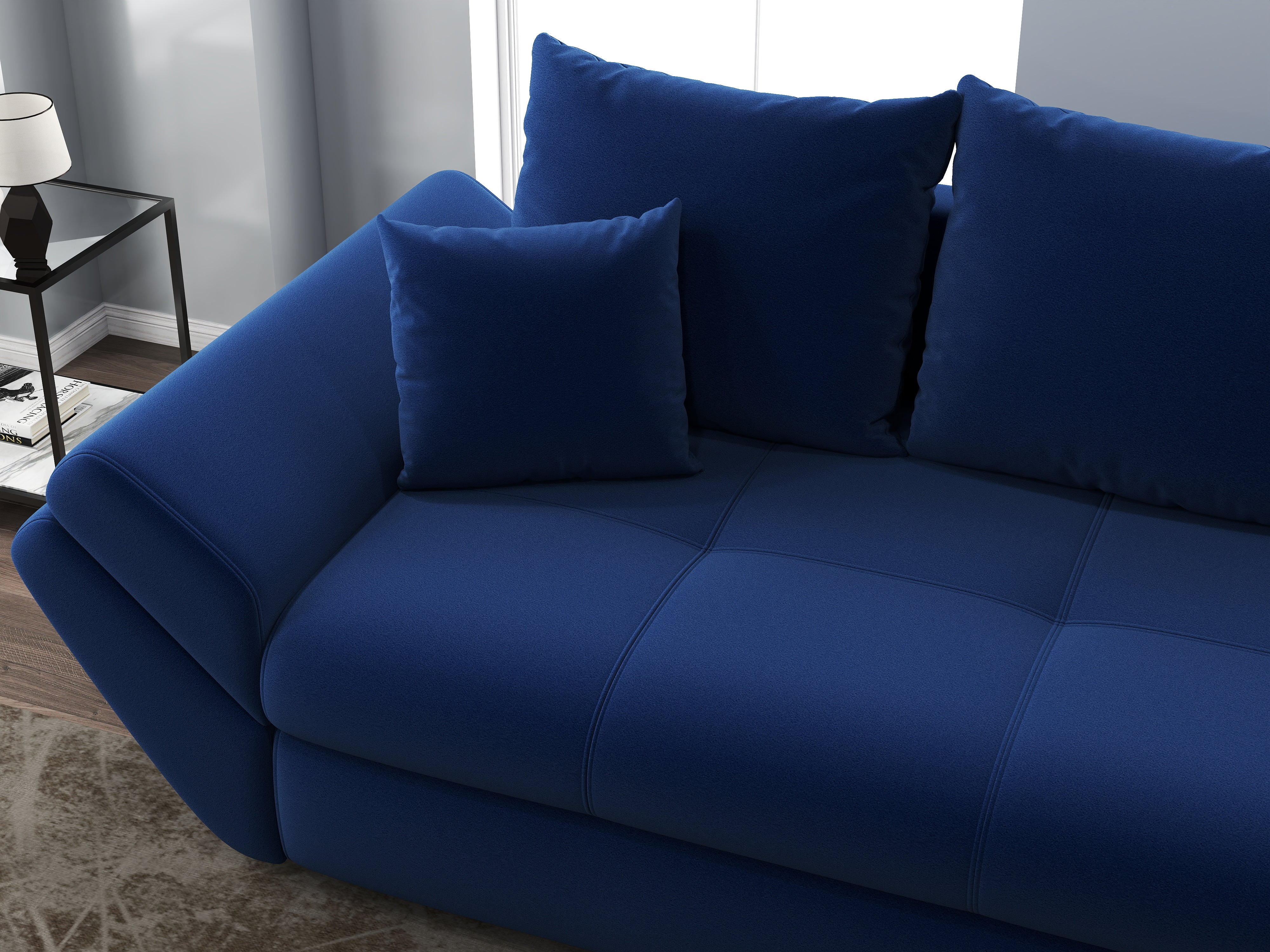 Canapea extensibilă dumonde cu ladă de depozitare si sezut confortabil din spuma HR, Loana Royal Blue 250x100 cm Fabrica
