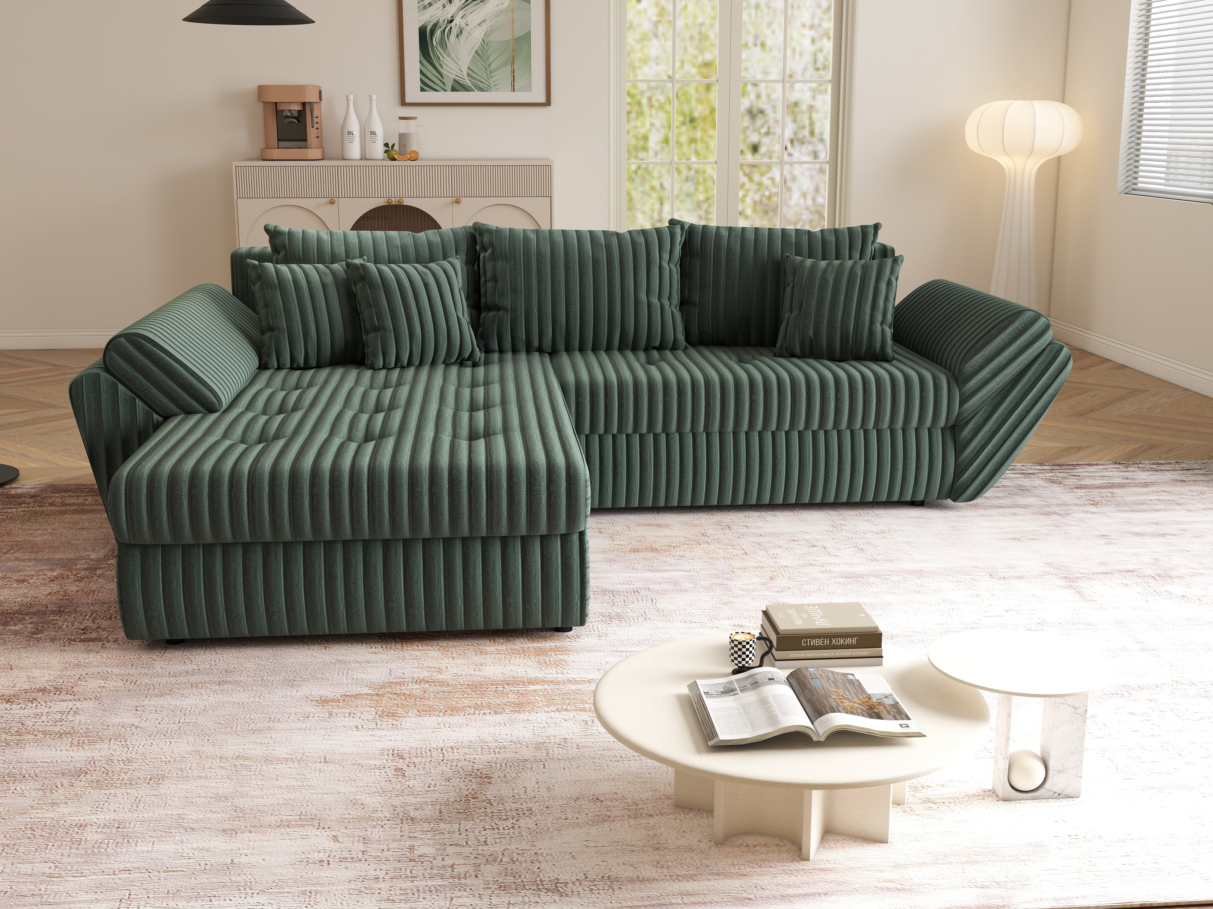 Colțar extensibil dumonde cu ladă de depozitare si sezut confortabil din spuma HR, Loana Ambience Green 270x185 cm Fabrica