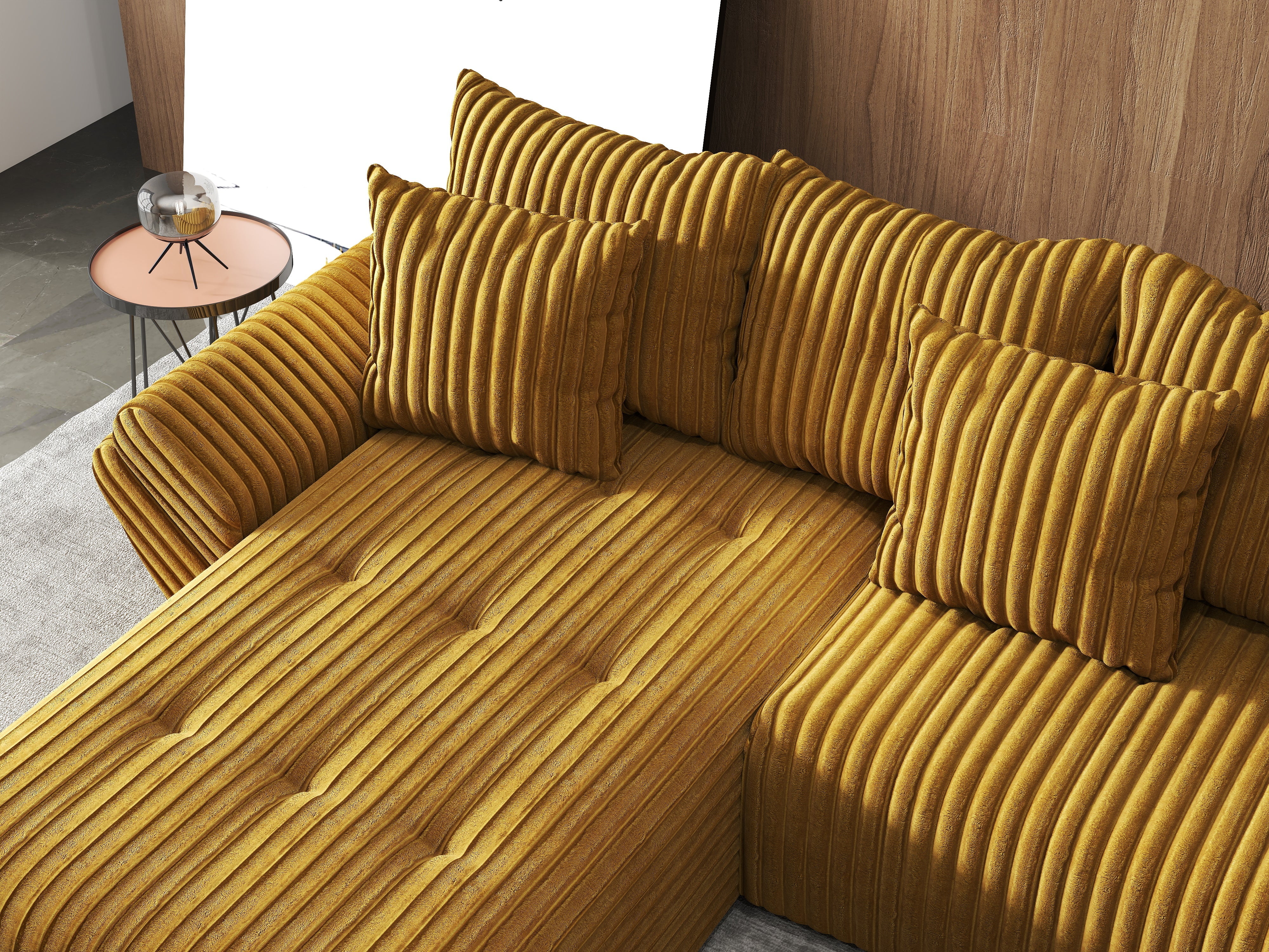 Colțar extensibil dumonde cu ladă de depozitare si sezut confortabil din spuma HR, Berlin U Ambiance Mustar 380x180 cm Fabrica