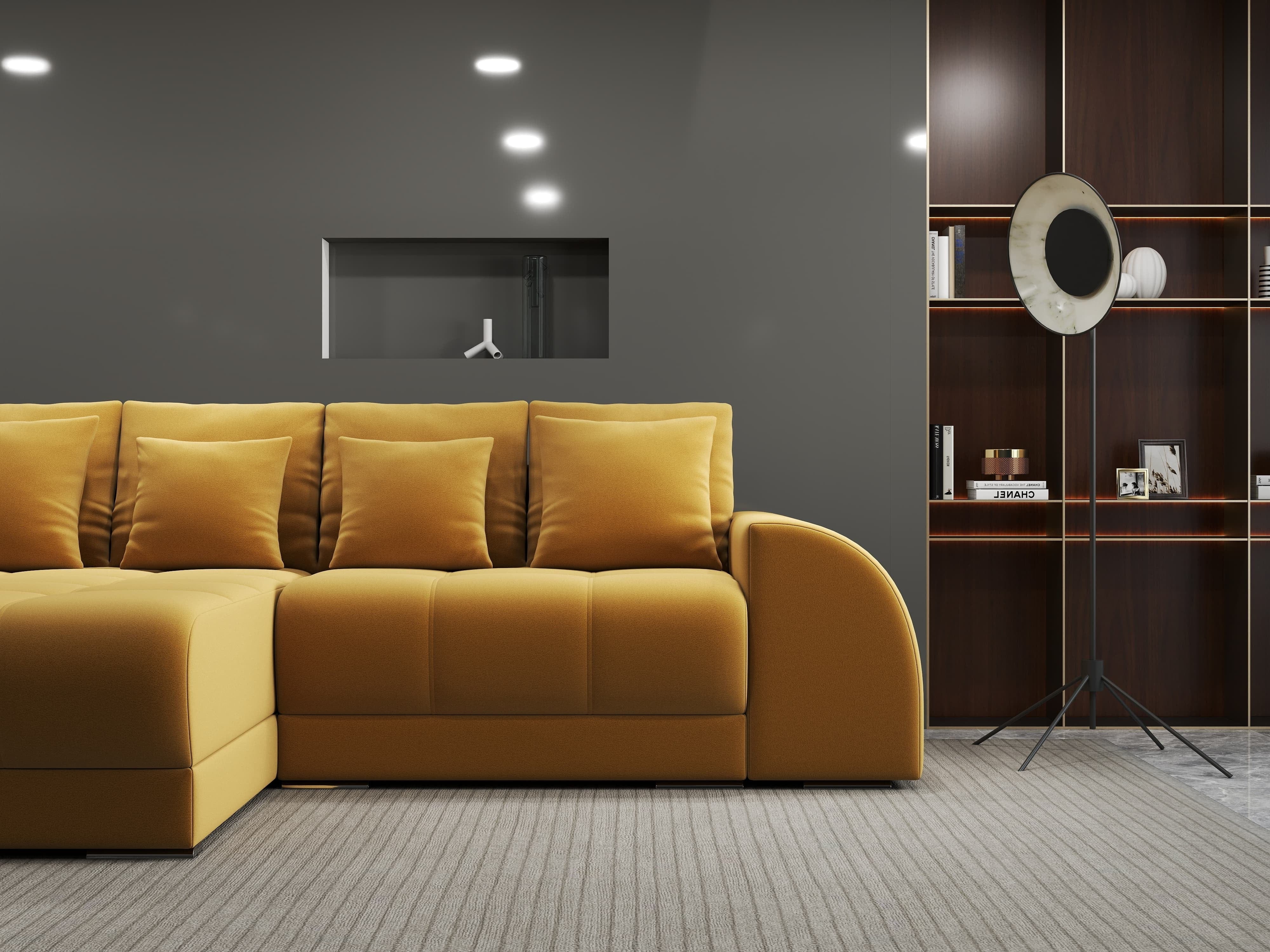 Colțar extensibil dumonde cu ladă de depozitare si sezut confortabil din spuma HR, Verona Royal Mustar 290x185 cm Fabrica