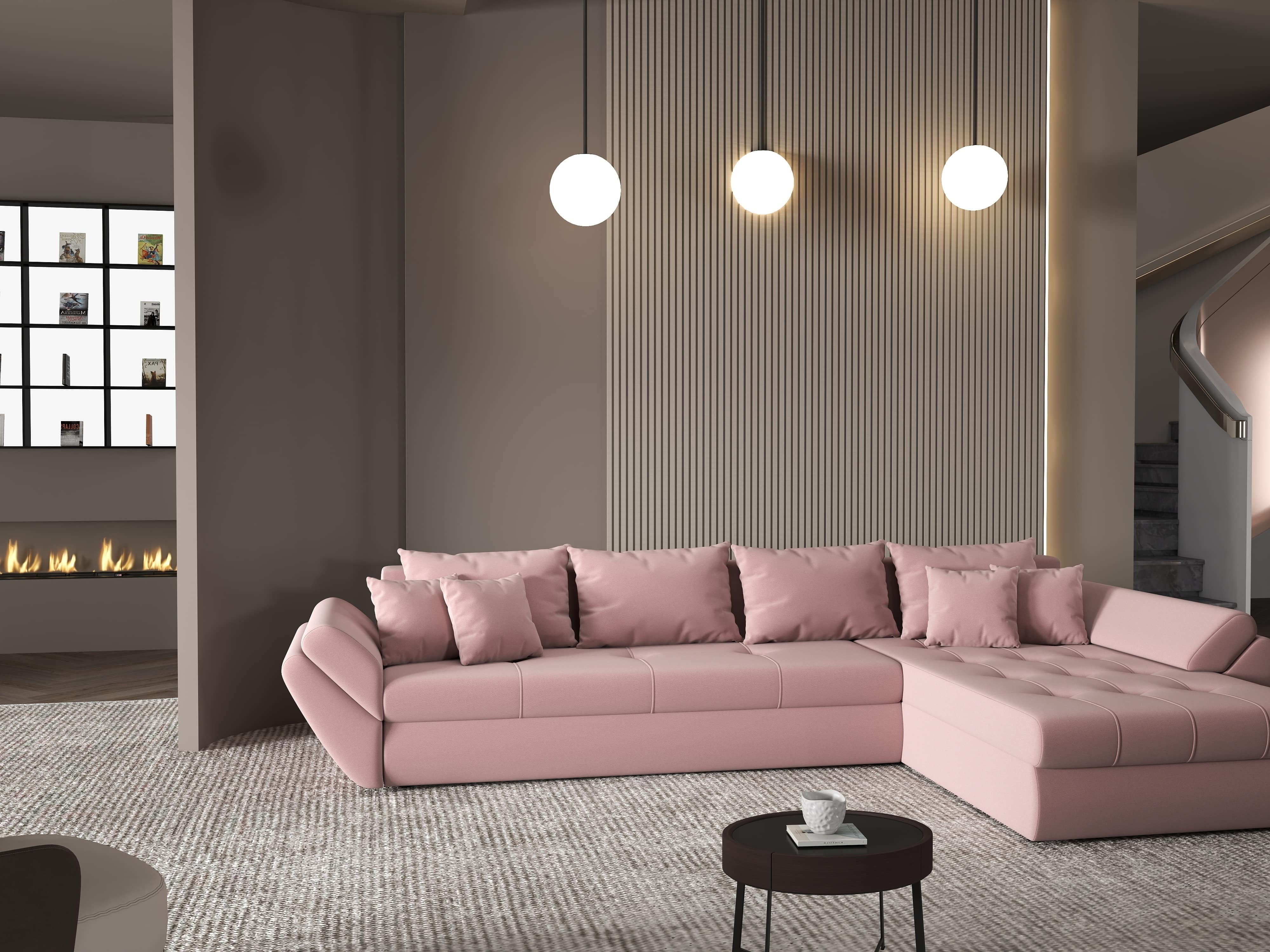 Colțar extensibil dumonde cu ladă de depozitare si sezut confortabil din spuma HR, Loana XL Royal Roz II 335x185 cm Fabrica