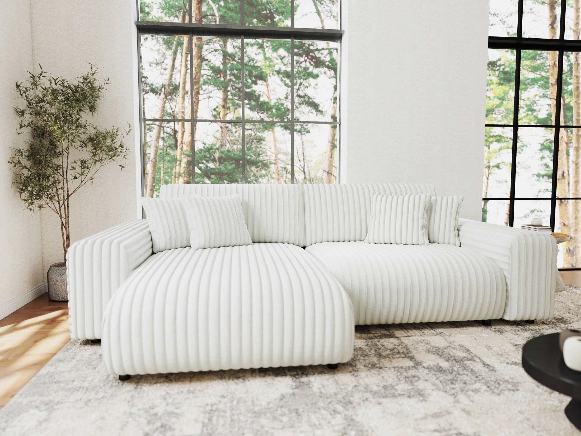 Colțar extensibil dumonde cu ladă de depozitare si sezut confortabil din spuma HR, Sarina Ambience Alb 255x168 cm