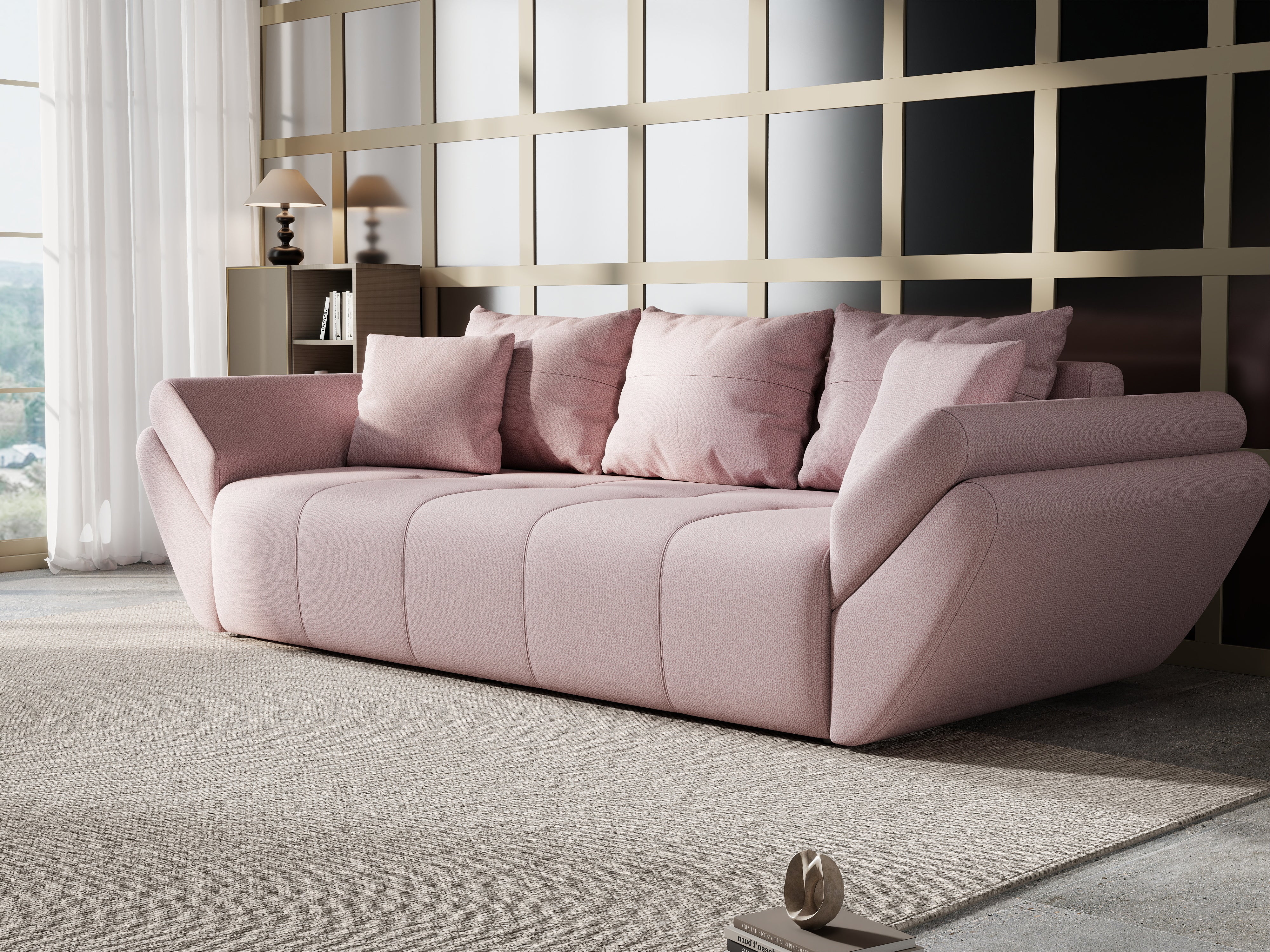 Canapea extensibilă dumonde cu ladă de depozitare si sezut confortabil din spuma HR, Berlin Enjoy Flamingo 250x100 cm Fabrica