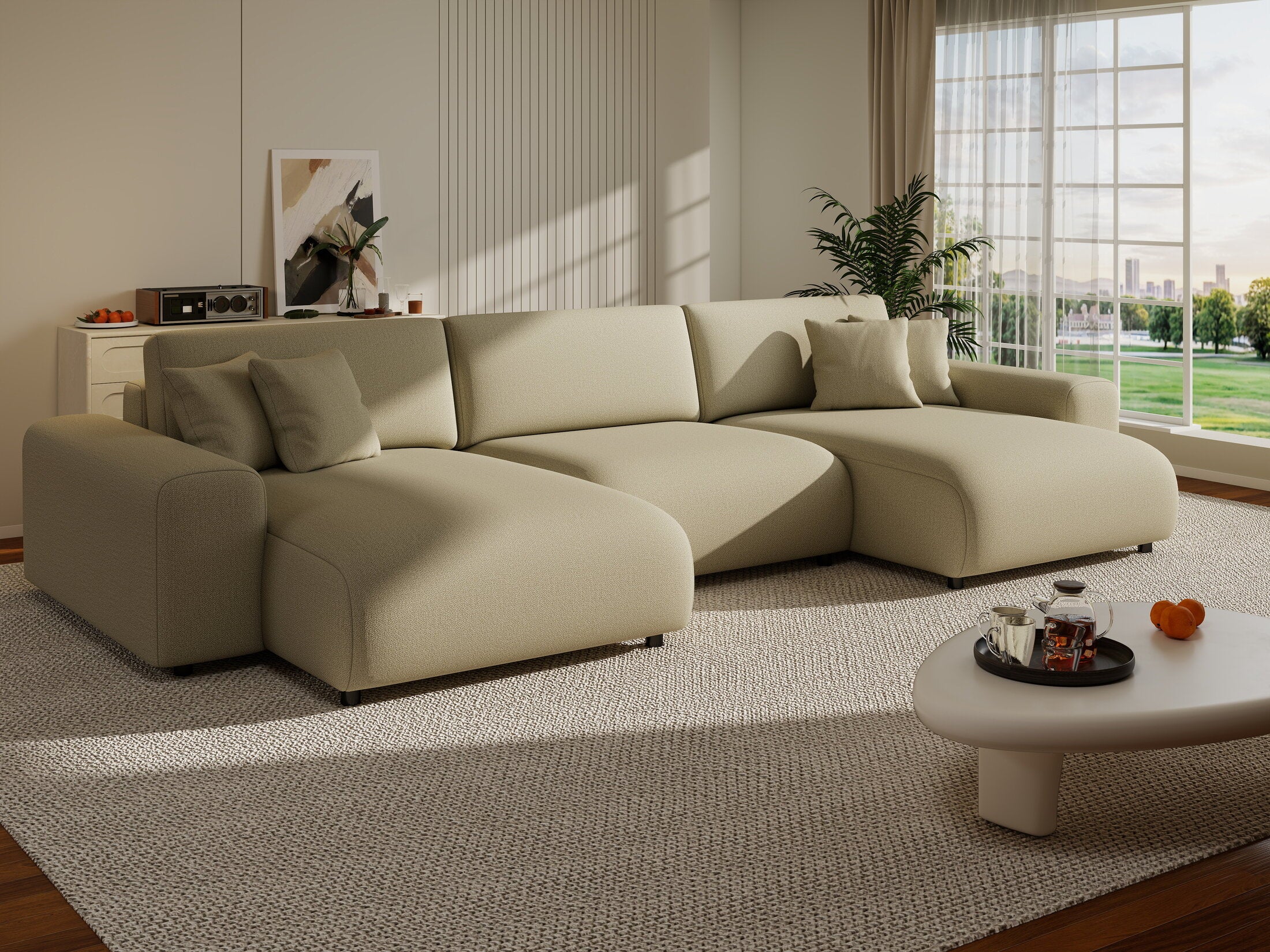 Colțar extensibil dumonde cu ladă de depozitare si sezut confortabil din spuma HR, Sarina U Enjoy Bej 350x168 cm