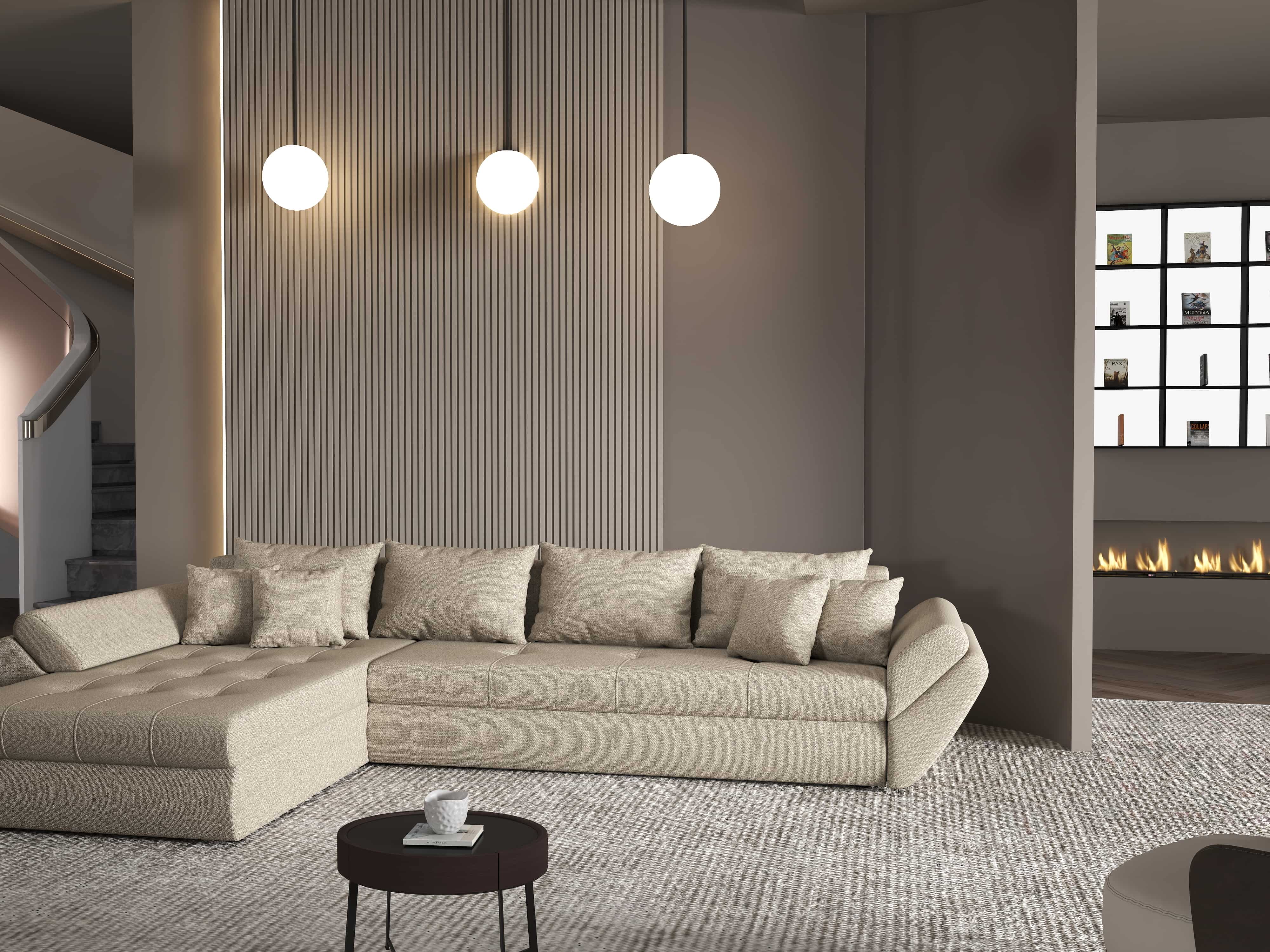 Colțar extensibil dumonde cu ladă de depozitare si sezut confortabil din spuma HR, Loana XL Enjoy Camel 335x185 cm Fabrica