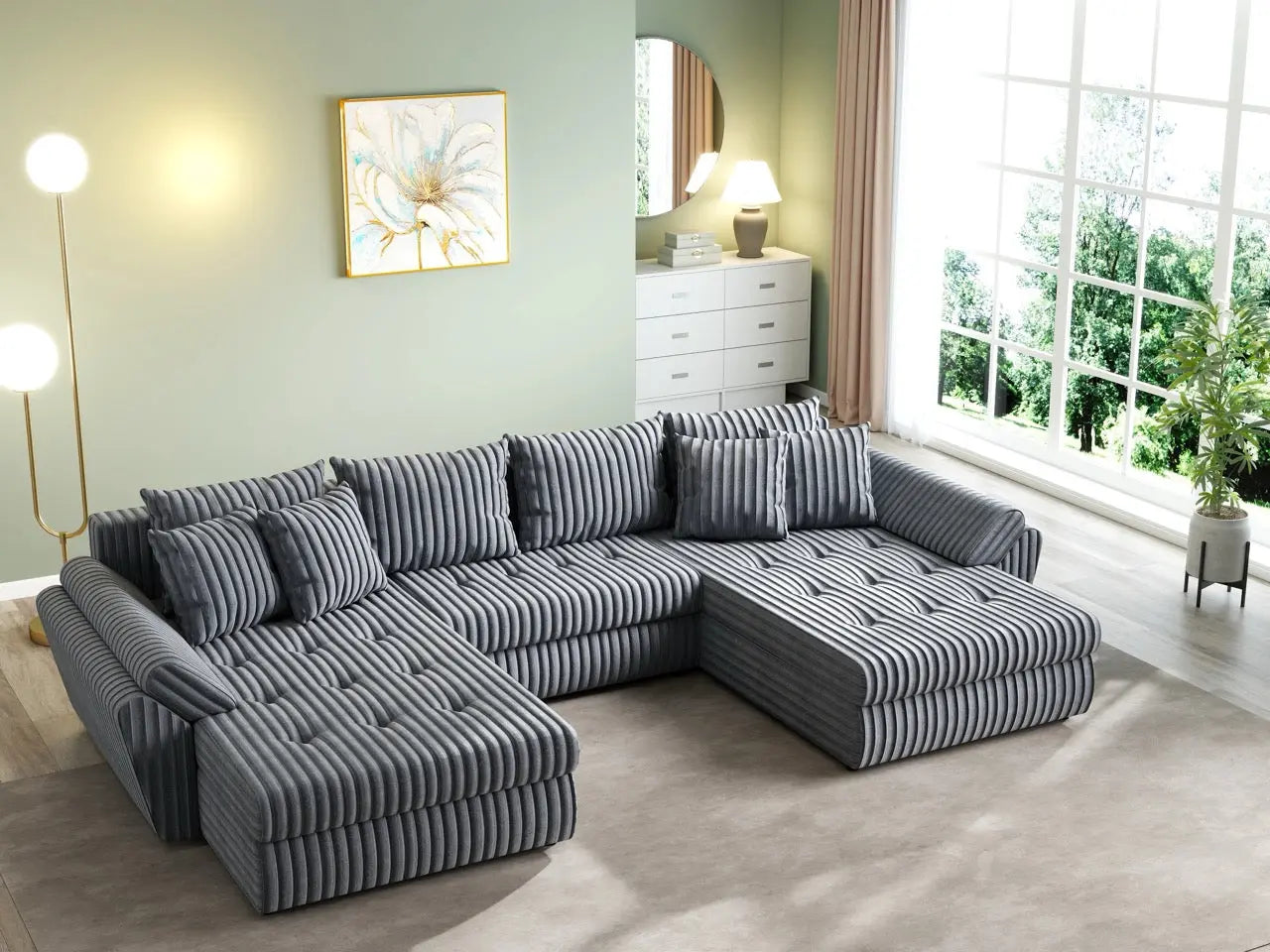 Colțar extensibil dumonde cu ladă de depozitare si sezut confortabil din spuma HR, Loana U Ambience Grey 355x185 cm Fabrica