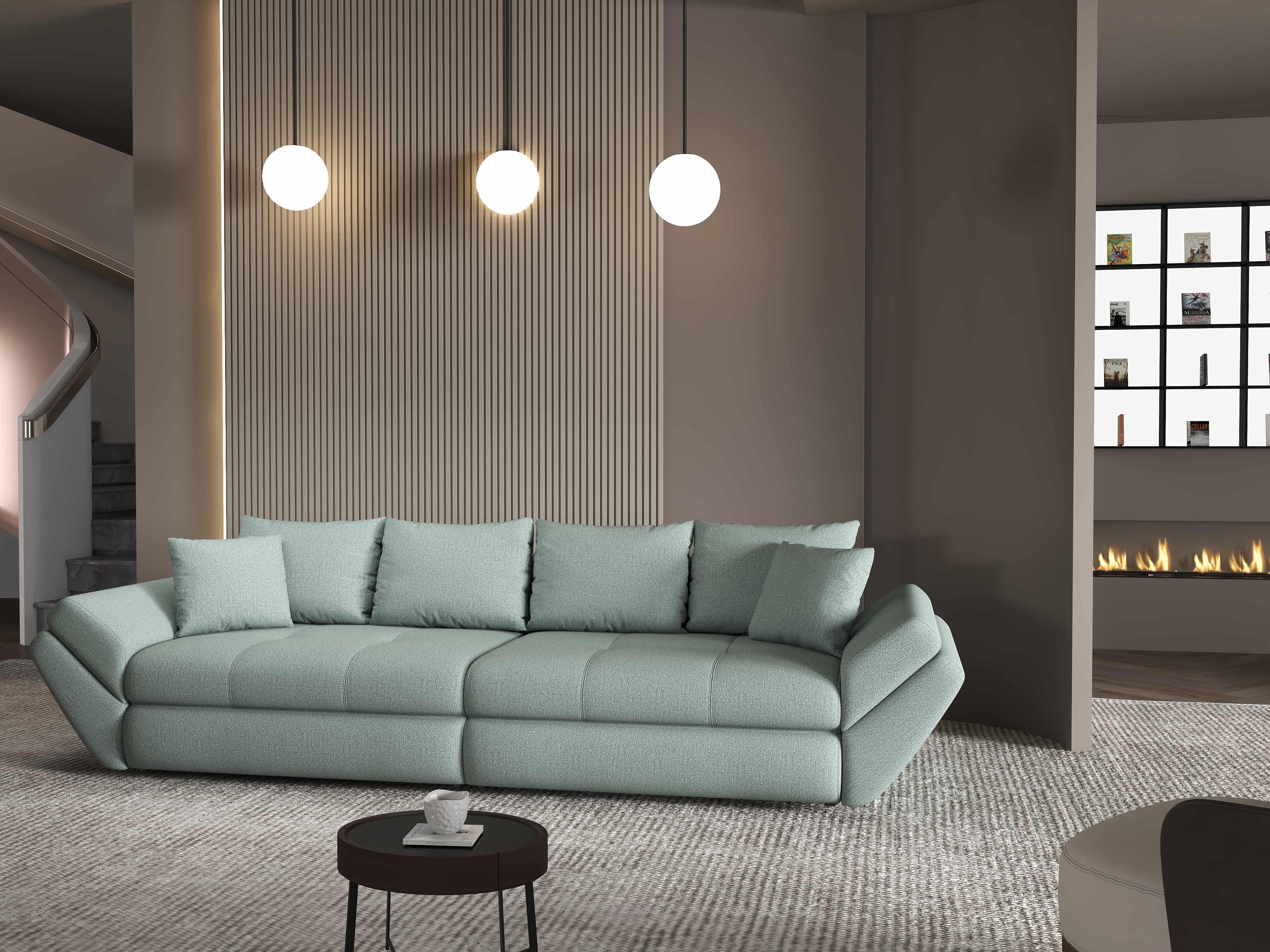 Canapea extensibilă dumonde cu ladă de depozitare si sezut confortabil din spuma HR, Loana Enjoy Mint 300x100 cm Fabrica