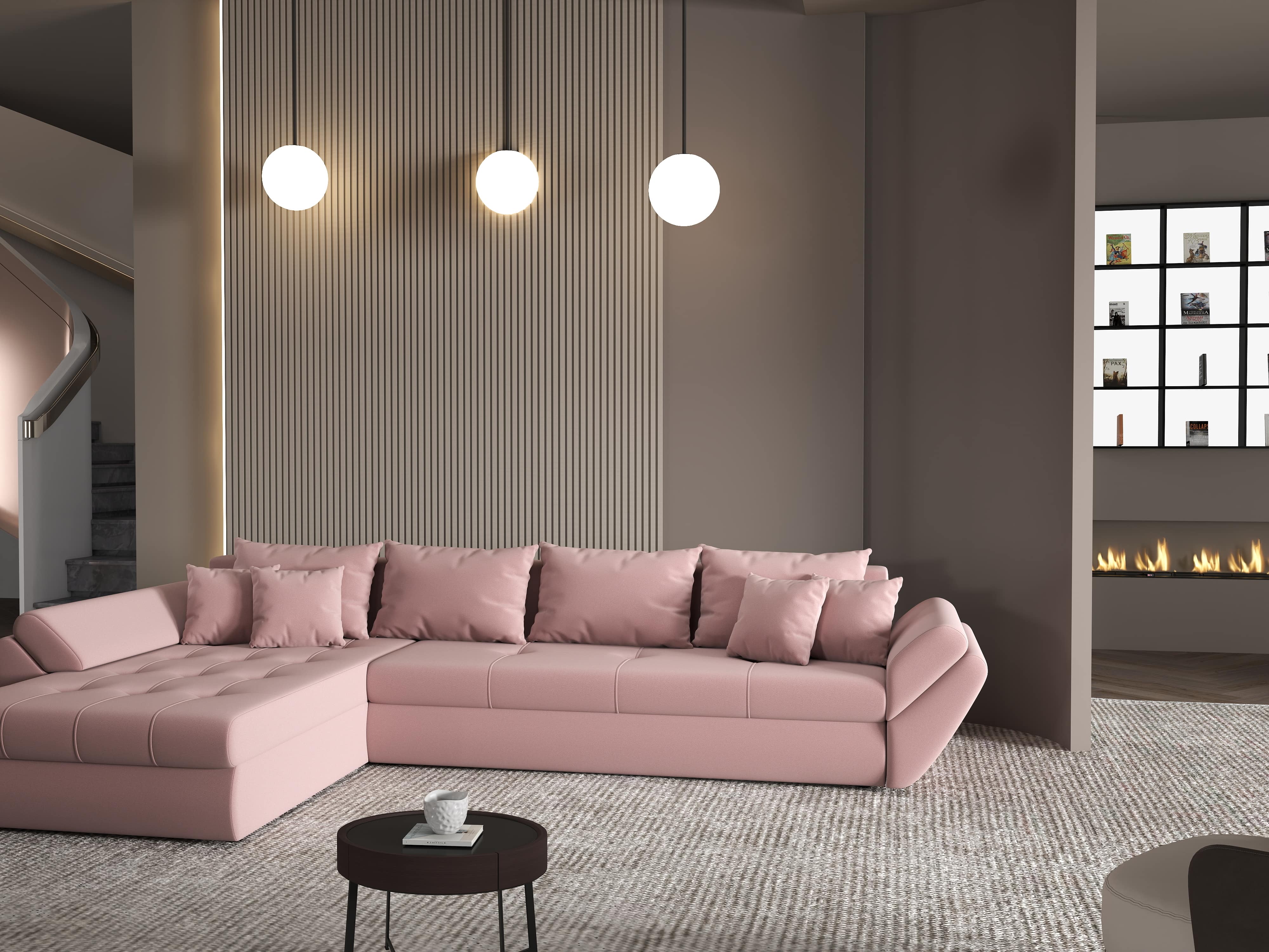 Colțar extensibil dumonde cu ladă de depozitare si sezut confortabil din spuma HR, Loana XL Royal Roz 335x185 cm Fabrica