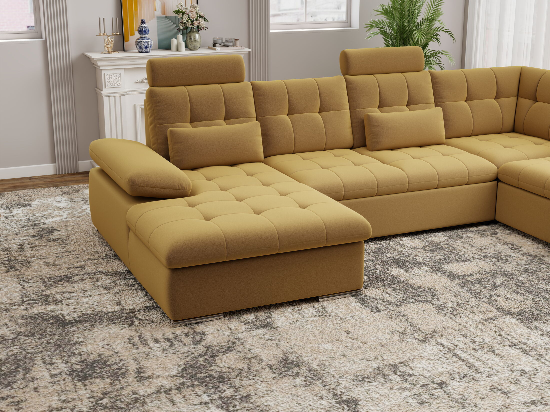 Colțar extensibil dumonde cu ladă de depozitare și șezut confortabil din spumă HR, Merkur U Royal Mustar 324x218 cm