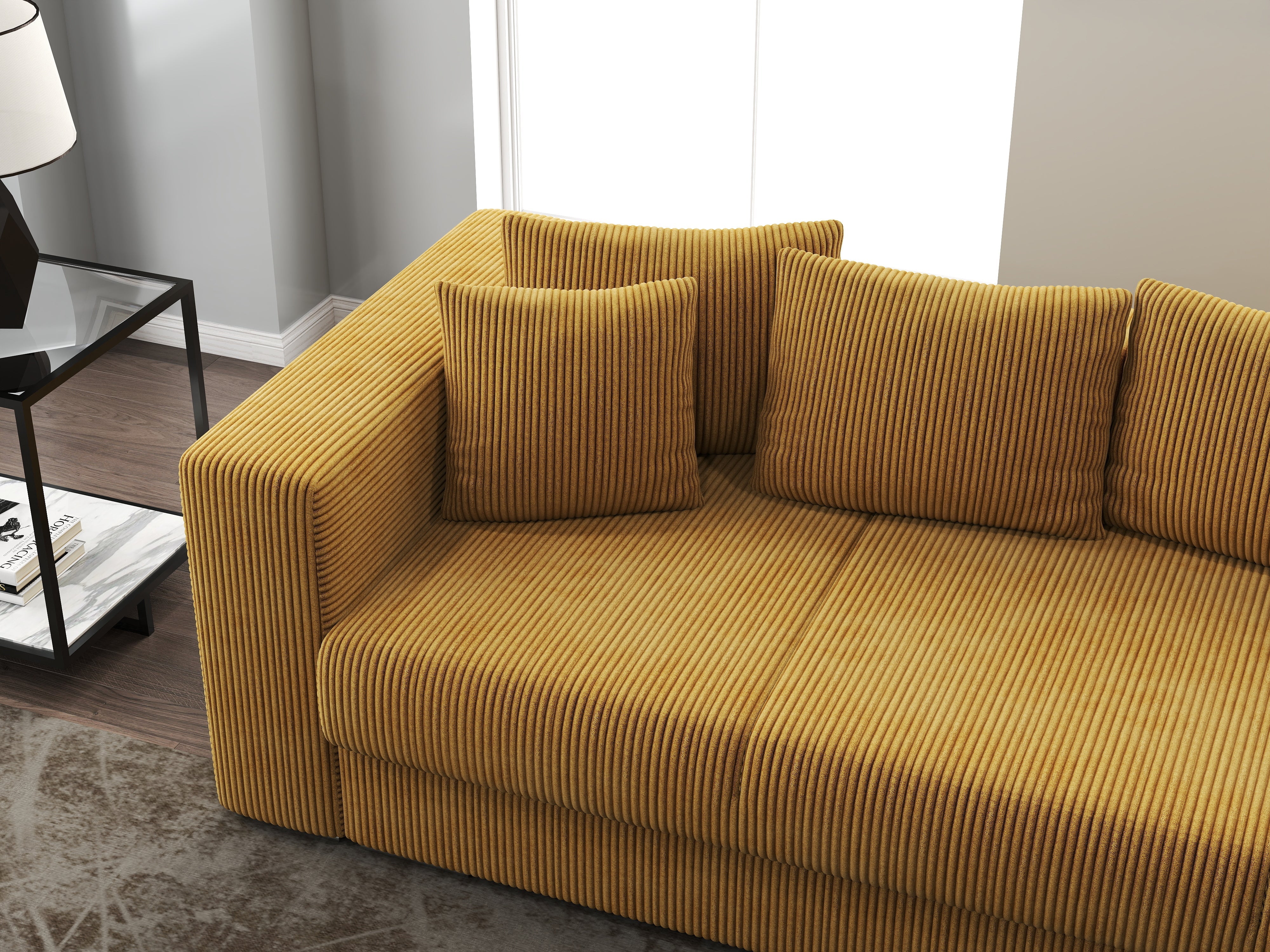 Canapea extensibilă dumonde cu ladă de depozitare si sezut confortabil din spuma HR, Gloria Zoom Mustar 240x100 cm Fabrica