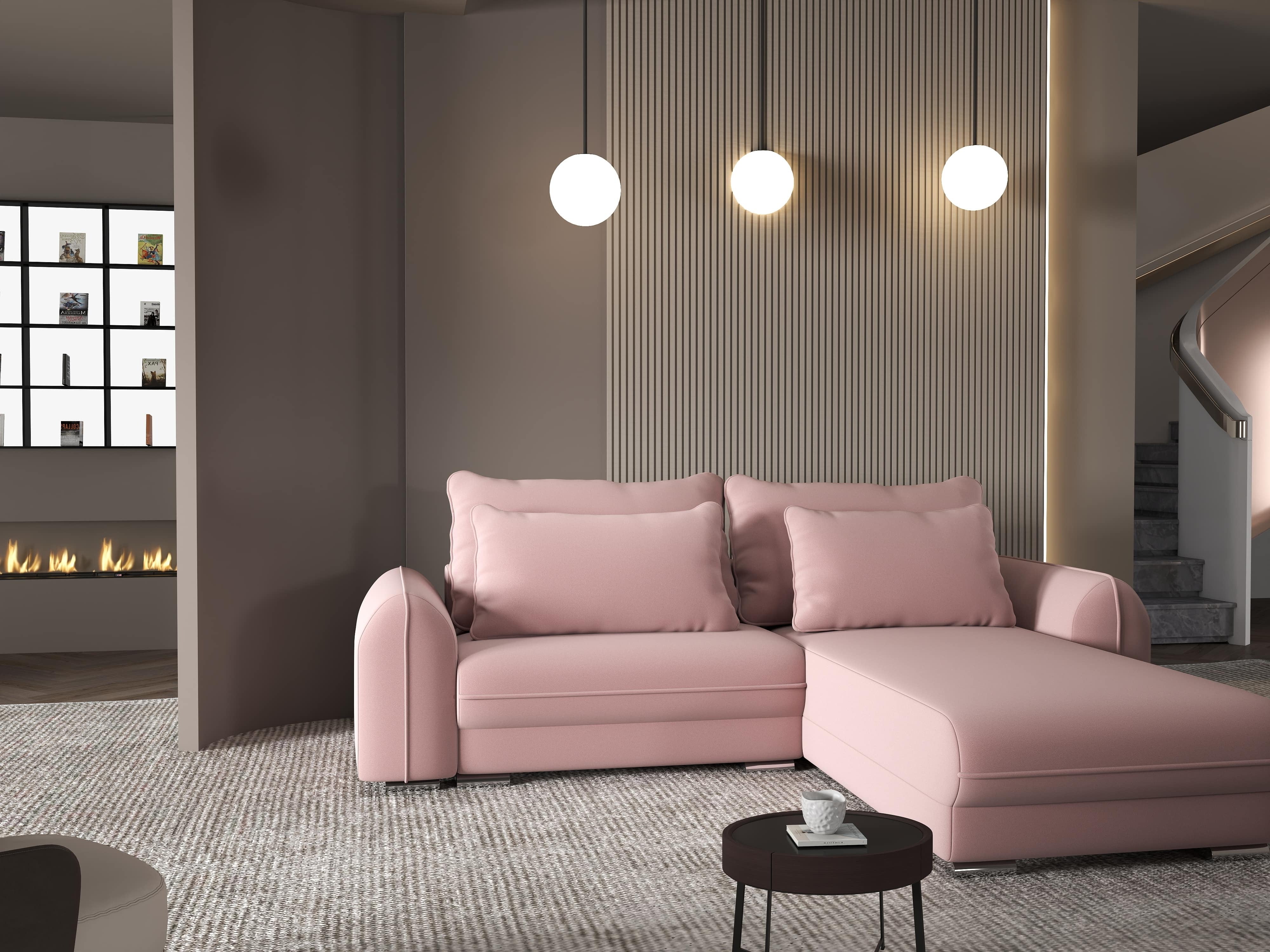 Colțar extensibil dumonde cu ladă de depozitare si sezut confortabil din spuma HR, Denver Royal Roz 275x185 cm II Fabrica