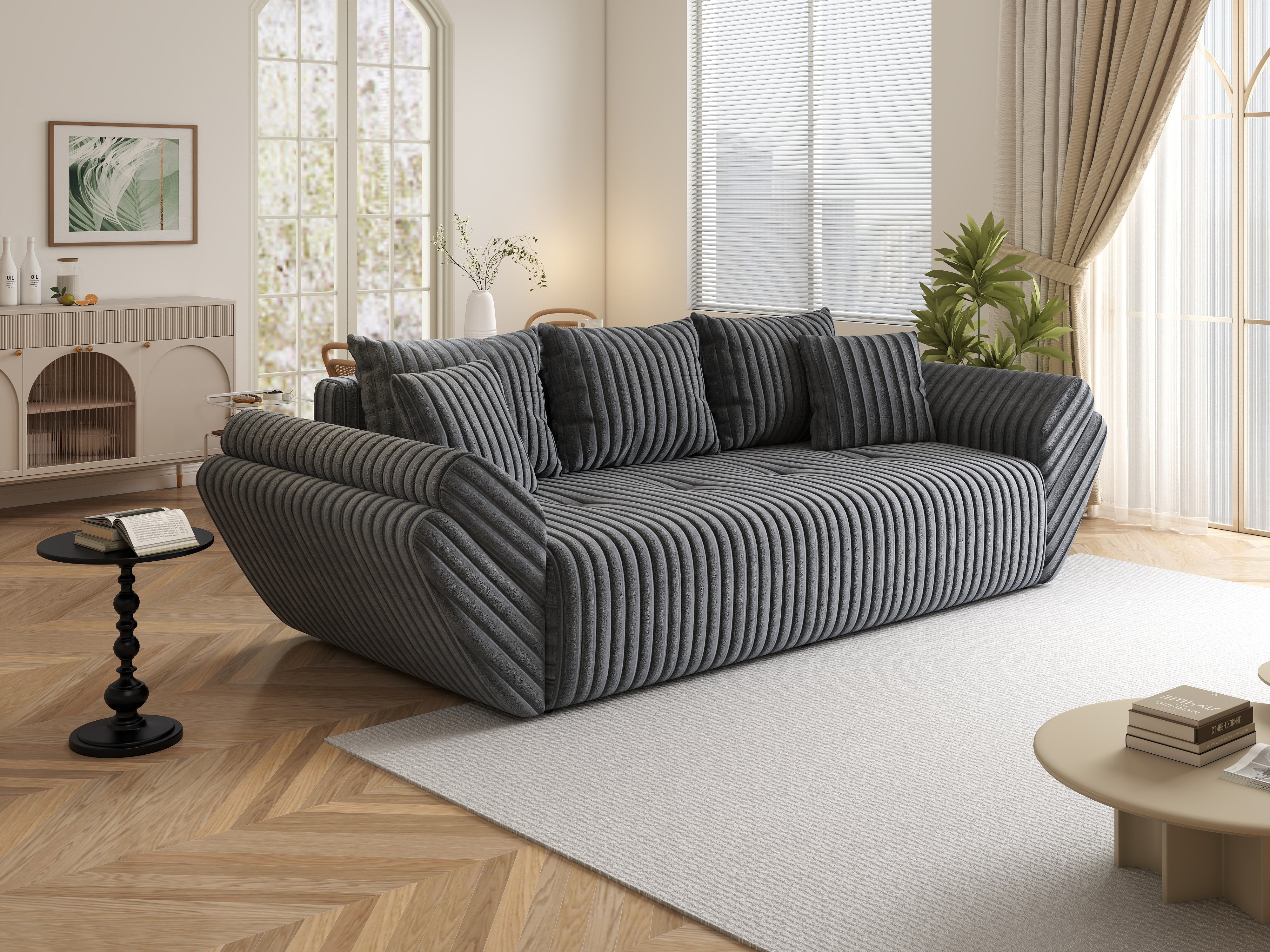 Canapea extensibilă dumonde cu ladă de depozitare si sezut confortabil din spuma HR, Berlin Ambience Grey 250x100 cm Fabrica