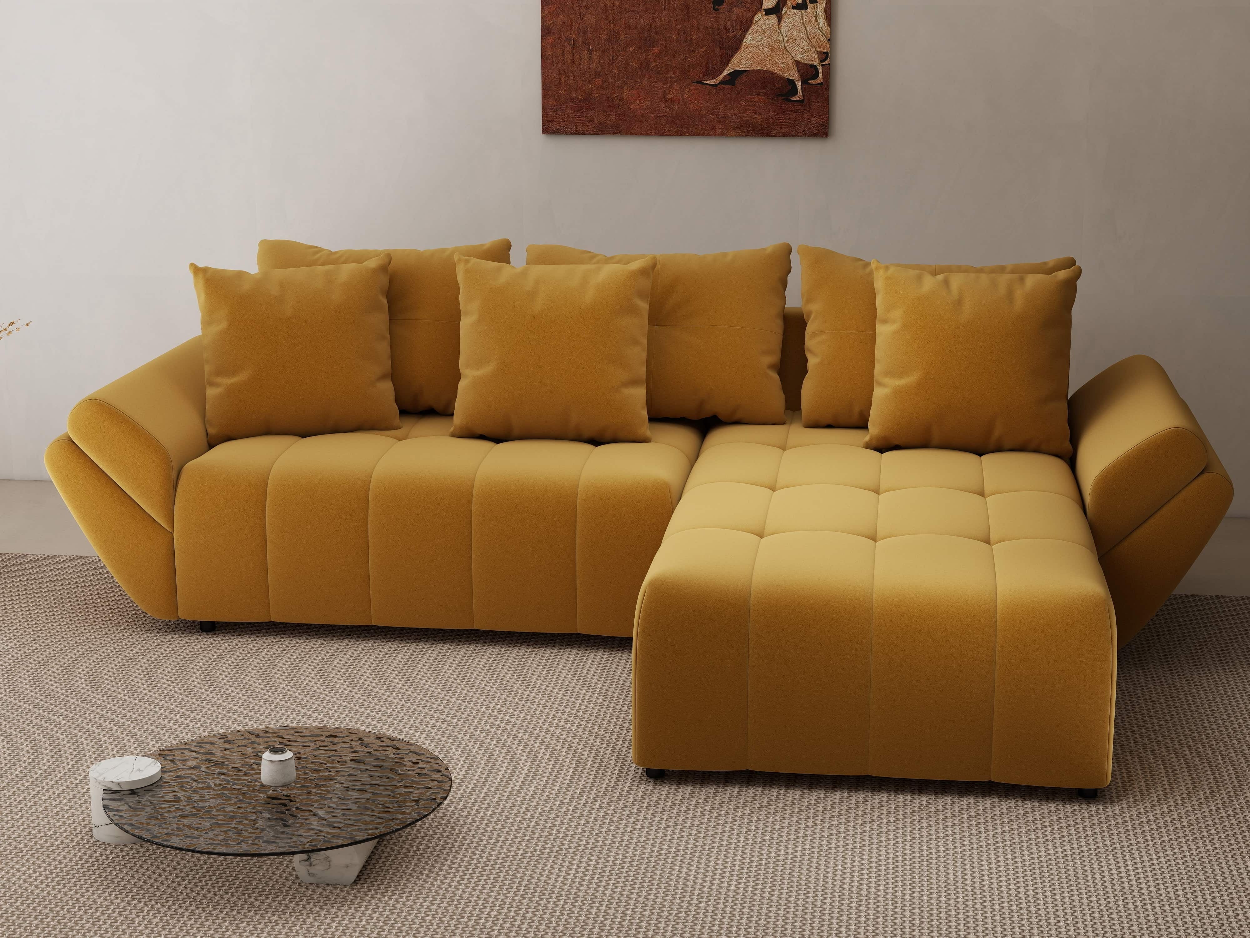 Colțar extensibil dumonde cu ladă de depozitare si sezut confortabil din spuma HR, Berlin Royal Mustar 280x185 cm II Fabrica