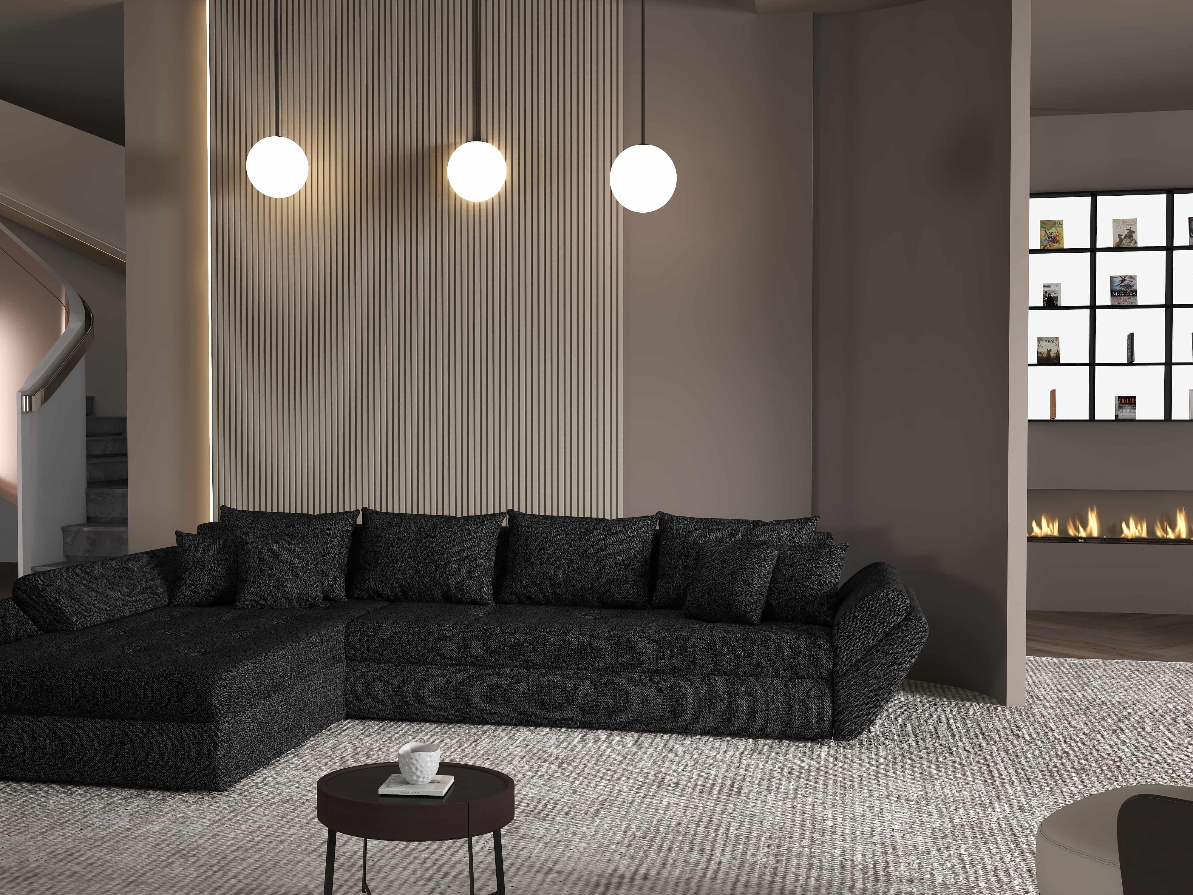 Colțar extensibil dumonde cu ladă de depozitare si sezut confortabil din spuma HR, Loana XL Enjoy Negru 335x185 cm Fabrica