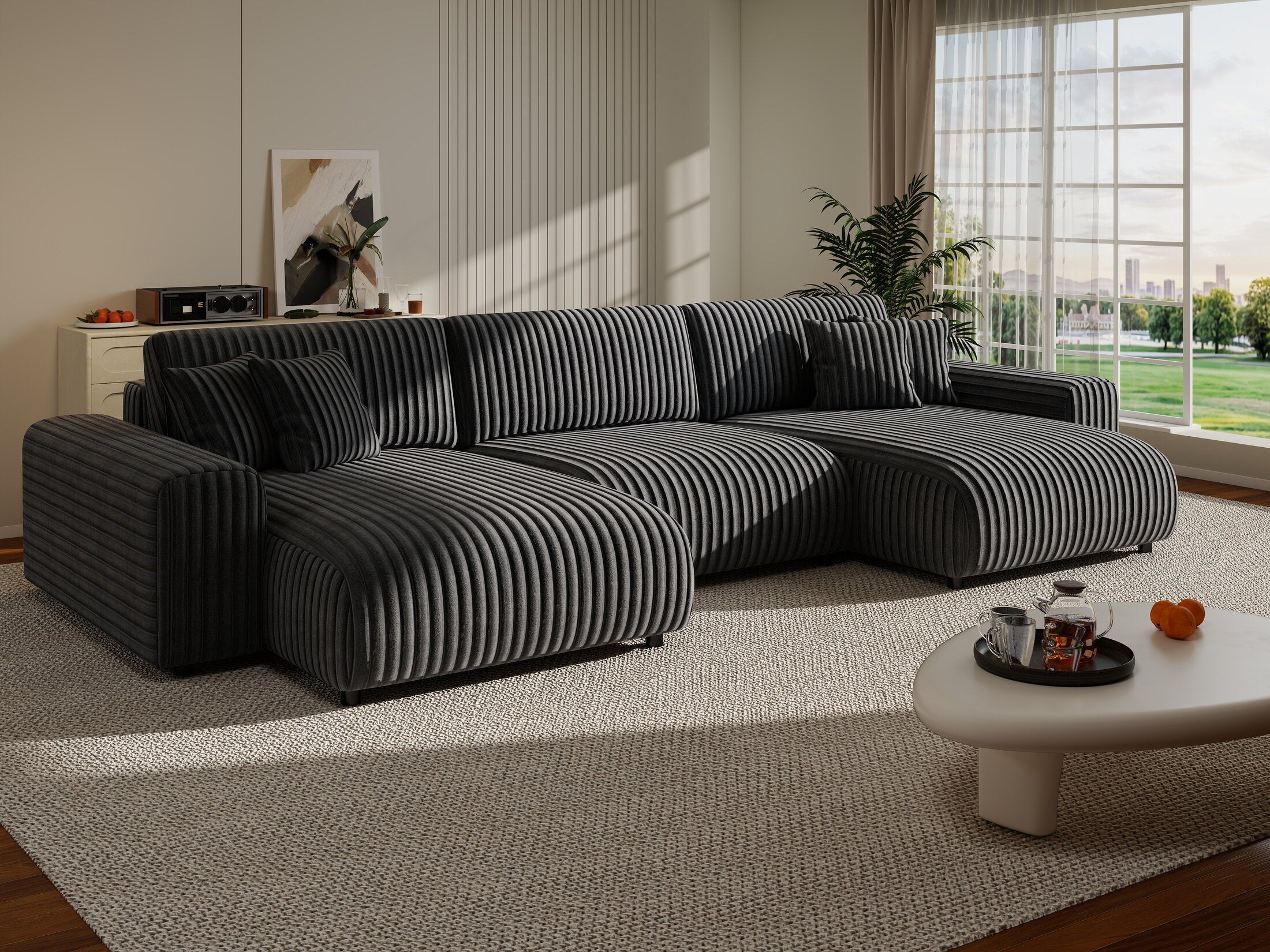 Colțar extensibil dumonde cu ladă de depozitare si sezut confortabil din spuma HR, Sarina U Ambience Gri 350x168 cm