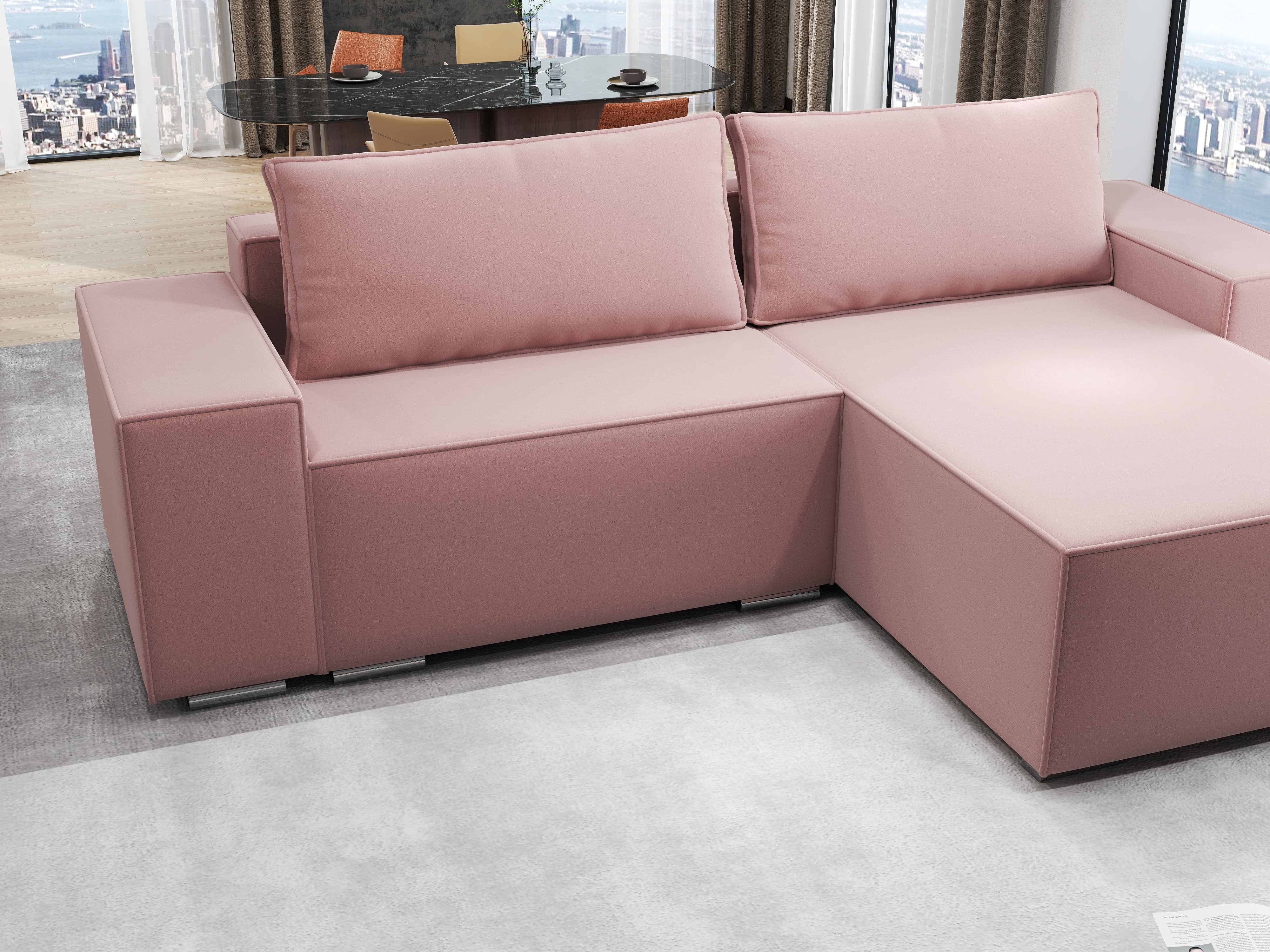 Colțar extensibil dumonde cu ladă de depozitare si sezut confortabil din spuma HR, Dream Royal Roz 290x185 cm II Fabrica