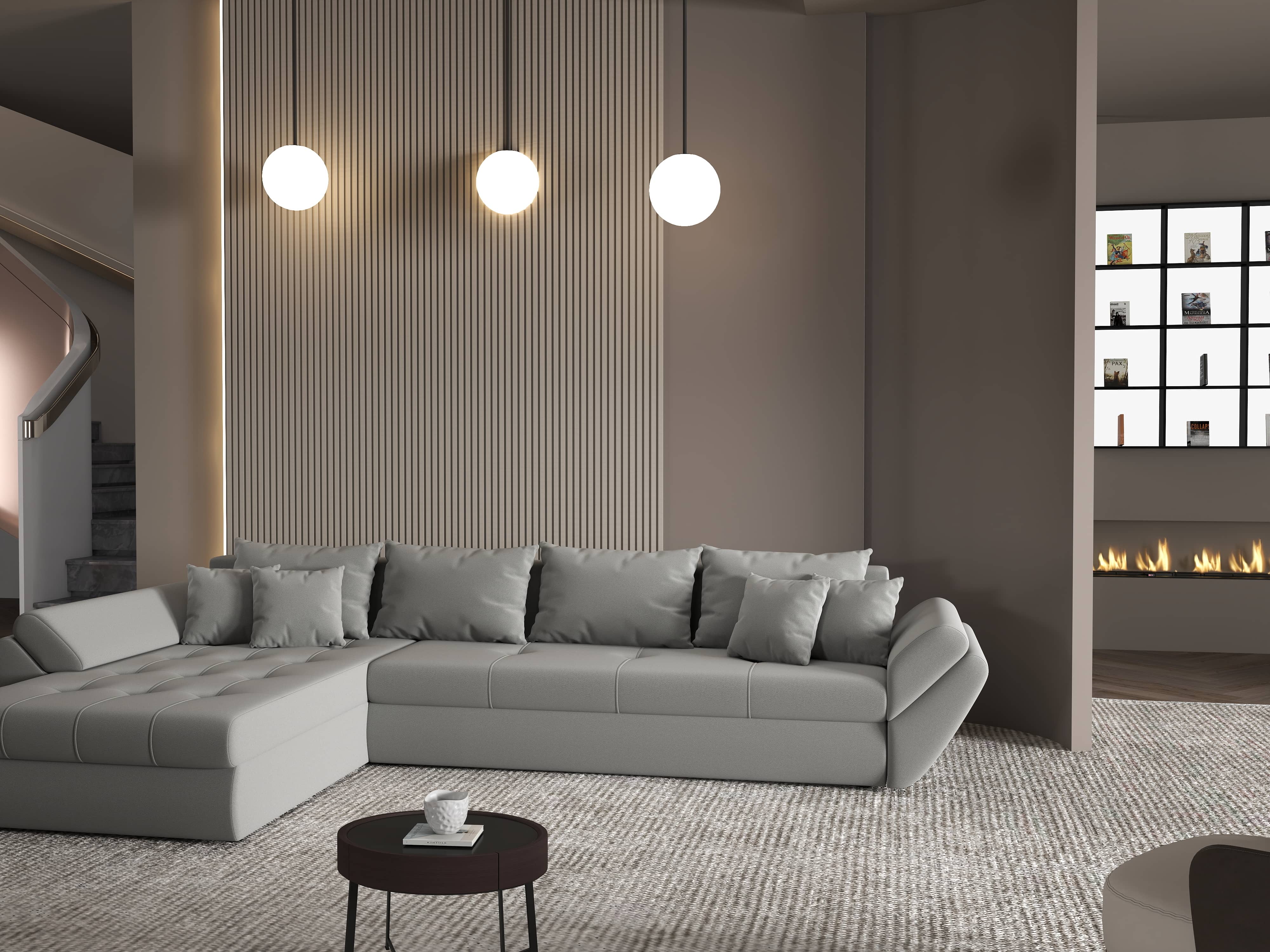 Colțar extensibil dumonde cu ladă de depozitare si sezut confortabil din spuma HR, Loana XL Royal Gri 335x185 cm Fabrica