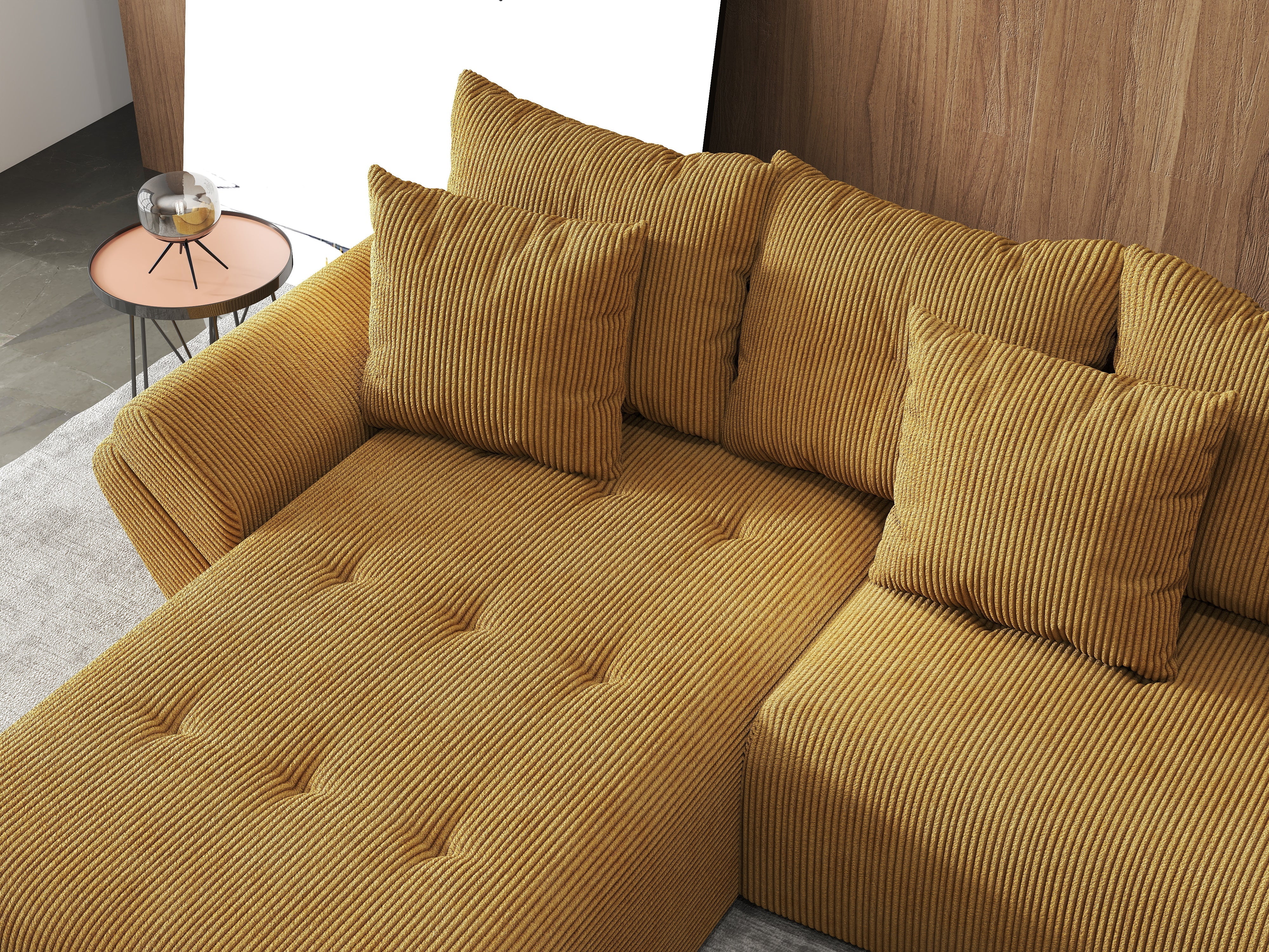 Colțar extensibil dumonde cu ladă de depozitare si sezut confortabil din spuma HR, Berlin U Zoom Mustar 380x180 cm Fabrica