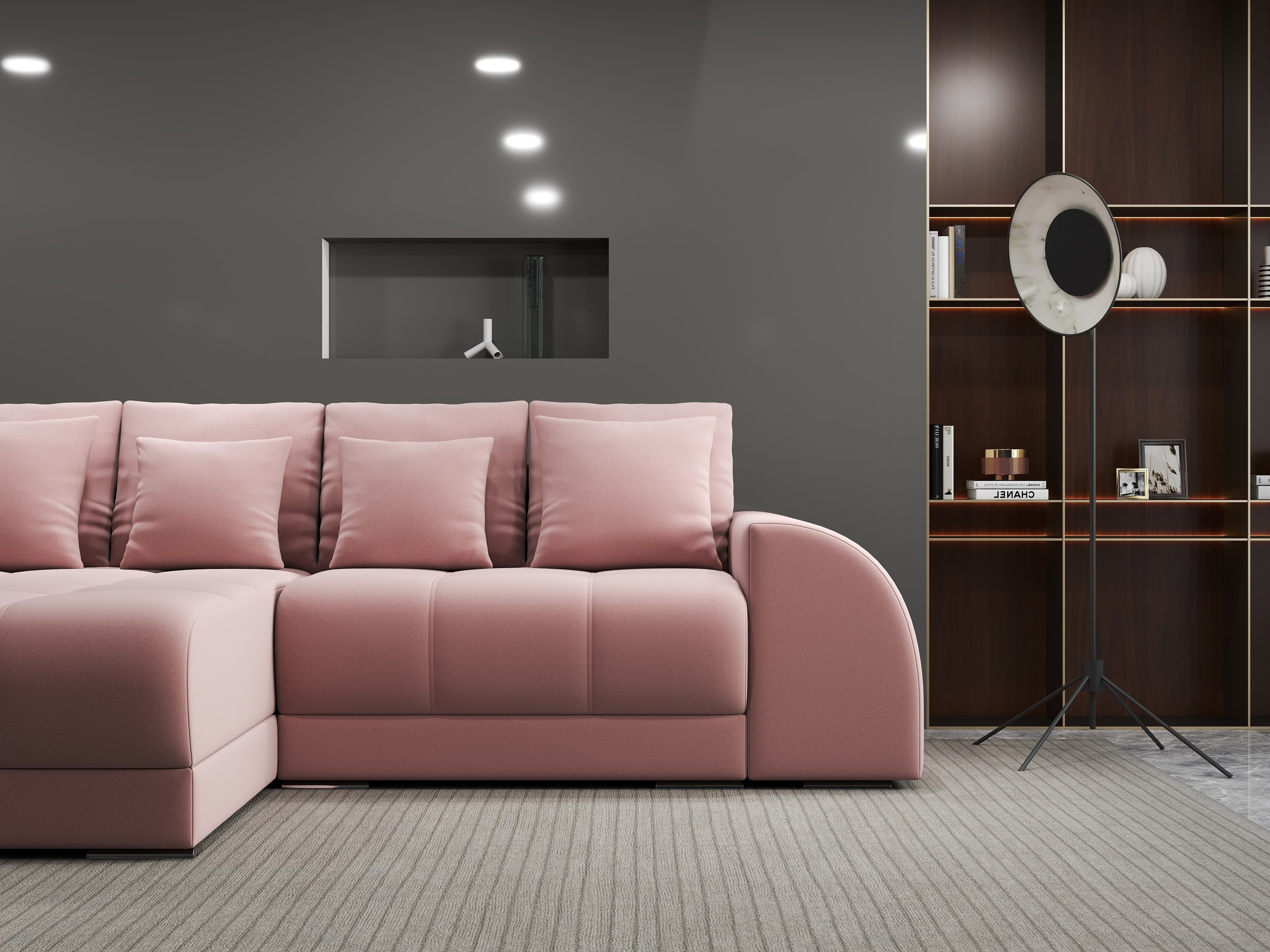 Colțar extensibil dumonde cu ladă de depozitare si sezut confortabil din spuma HR, Verona Royal Roz 290x185 cm Fabrica