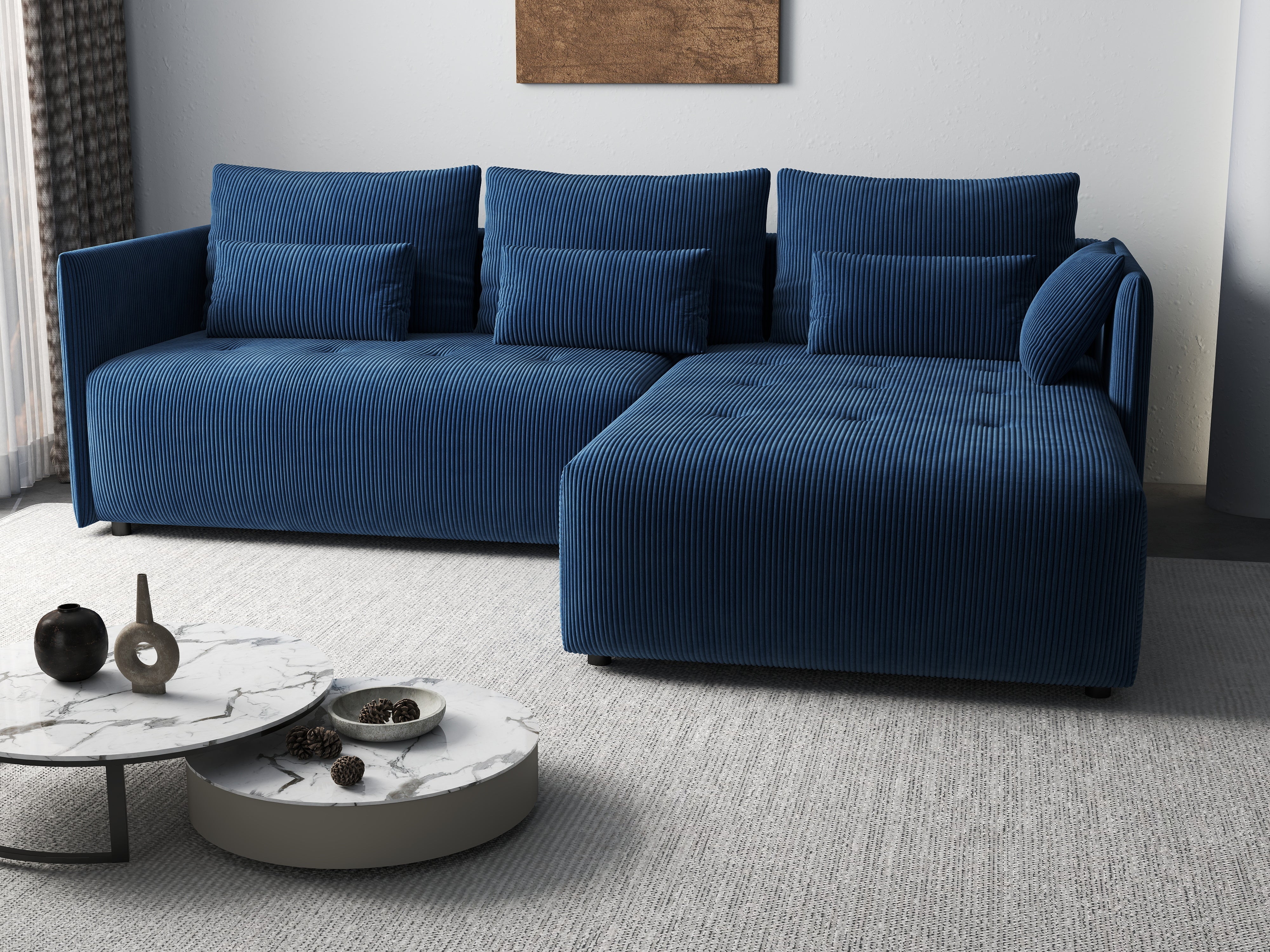 Colțar extensibil dumonde cu ladă de depozitare si sezut confortabil din spuma HR, Malta Zoom Blue 235x185 cm Fabrica