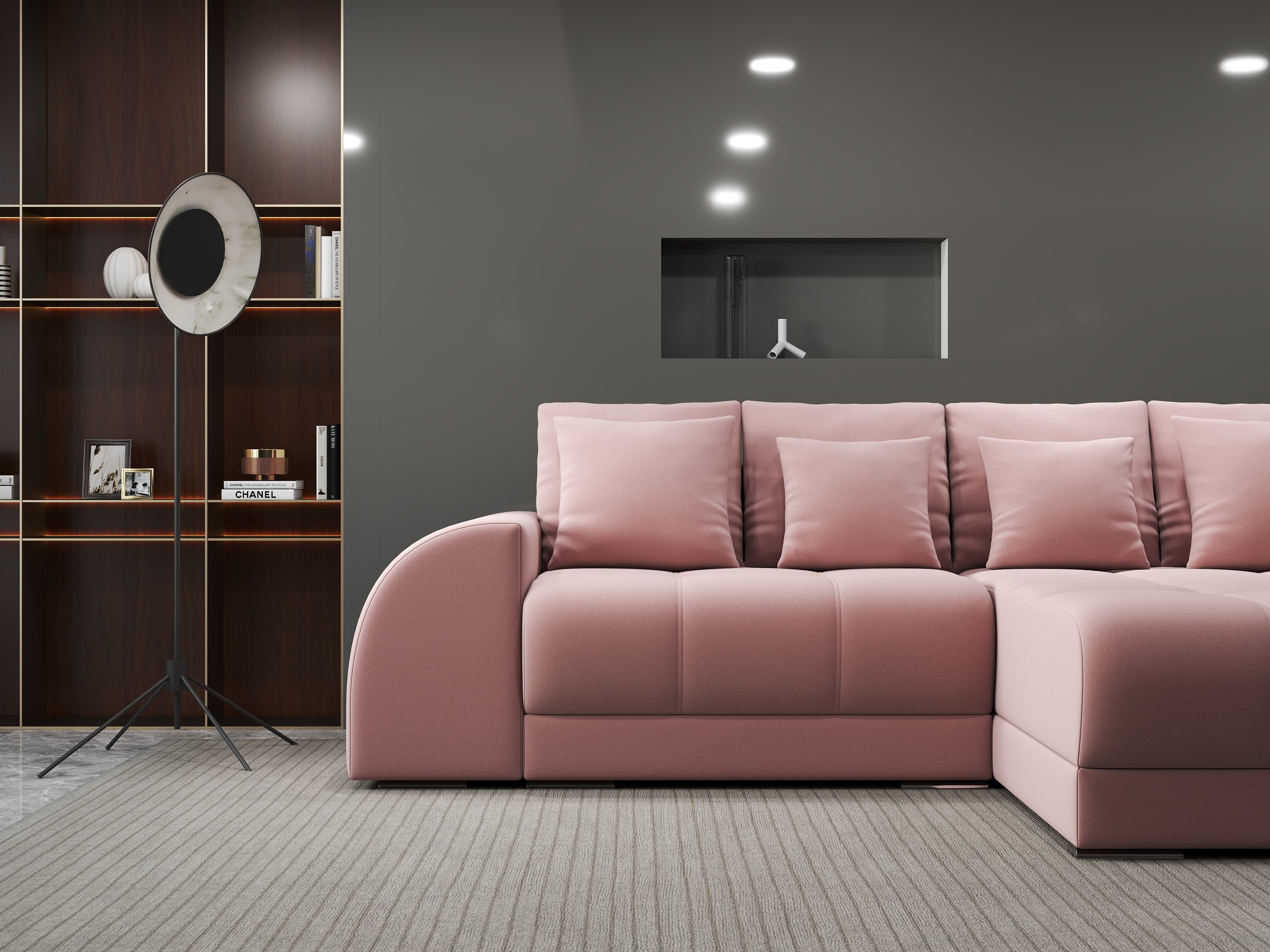 Colțar extensibil dumonde cu ladă de depozitare si sezut confortabil din spuma HR, Verona Royal Roz II 290x185 cm Fabrica