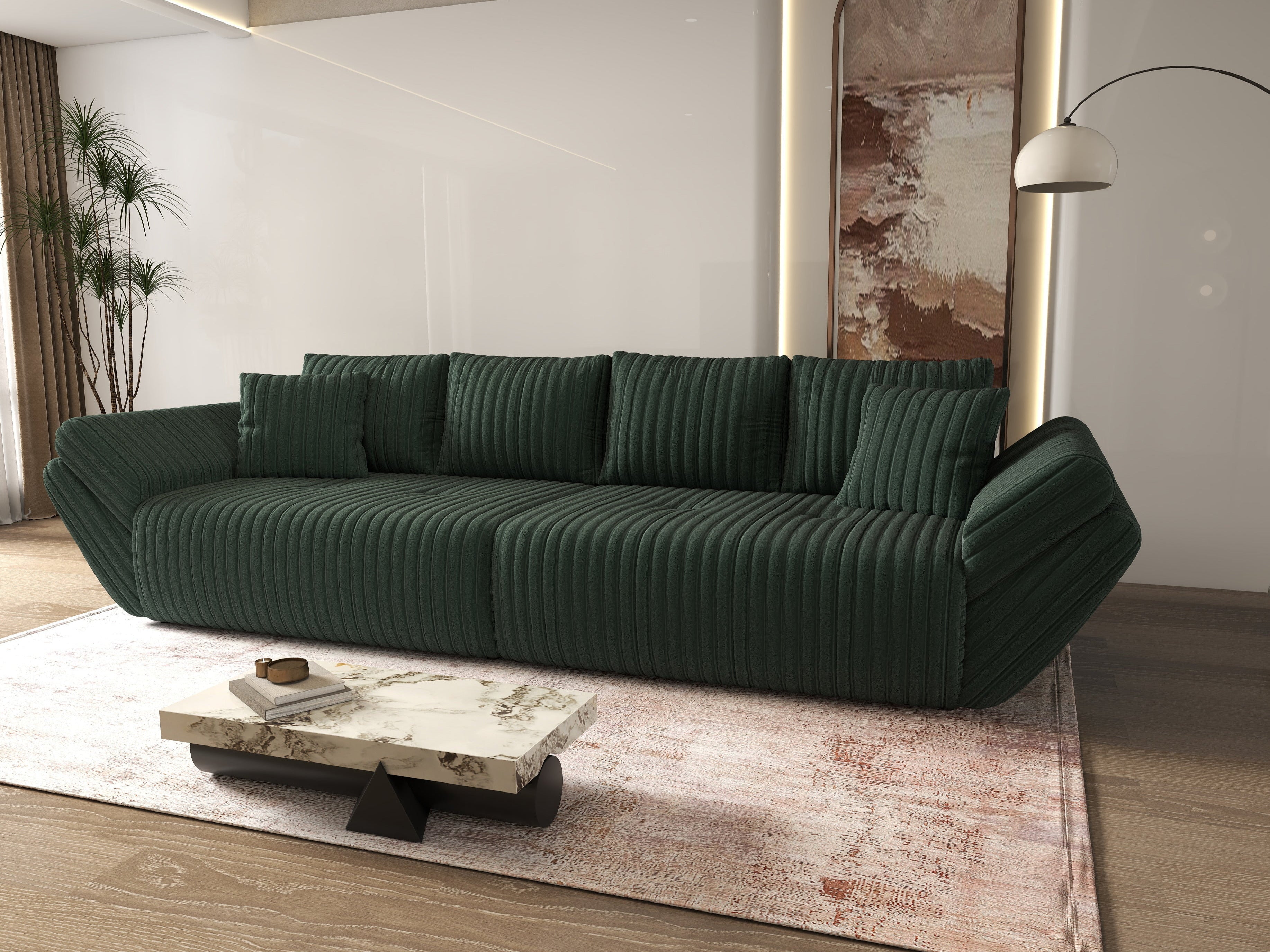 Canapea extensibilă dumonde cu ladă de depozitare si sezut confortabil din spuma HR, Berlin Ambience Green 300x100 cm Fabrica