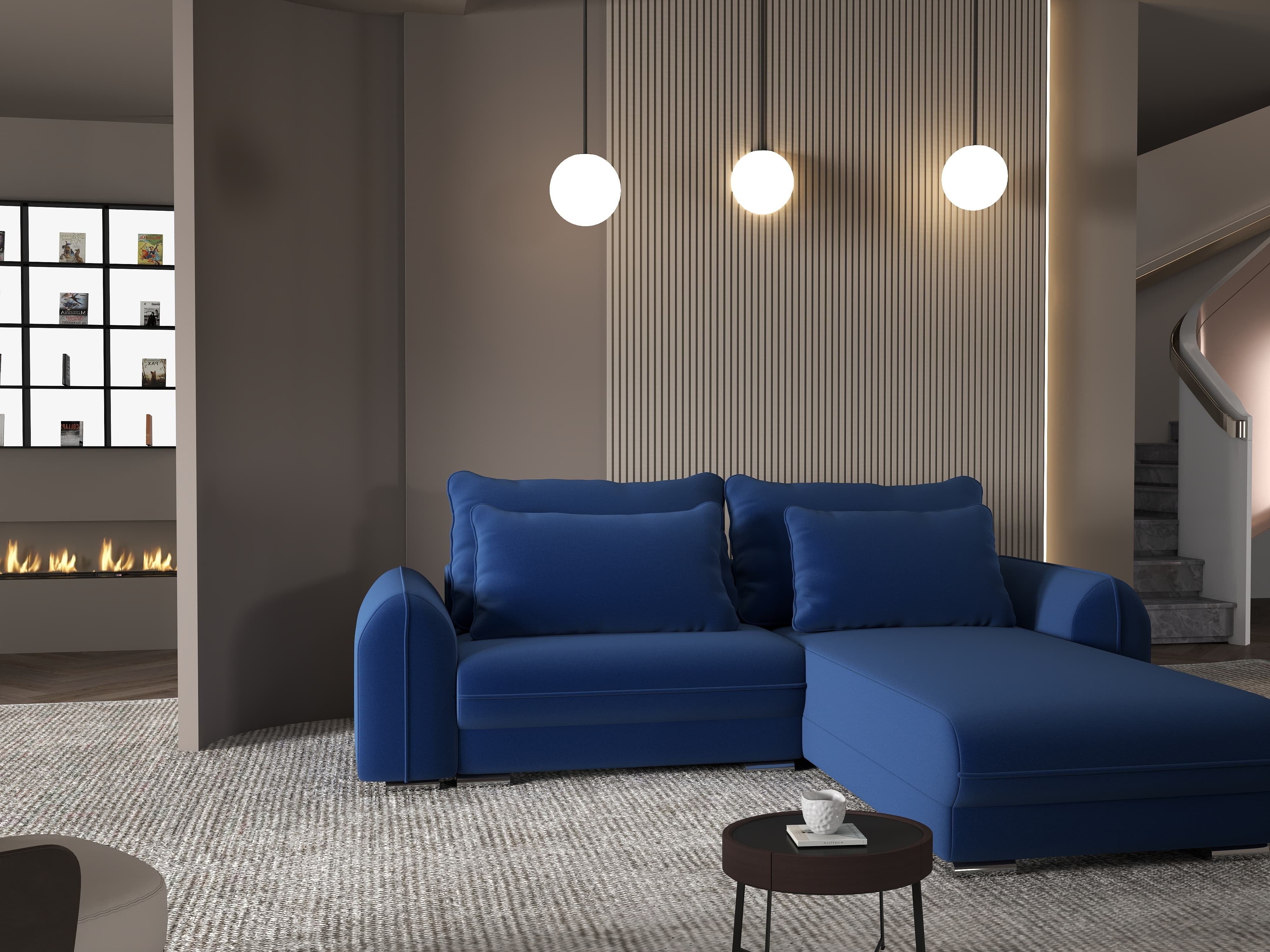 Colțar extensibil dumonde cu ladă de depozitare si sezut confortabil din spuma HR, Denver Royal Albastru 275x185 cm II Fabrica