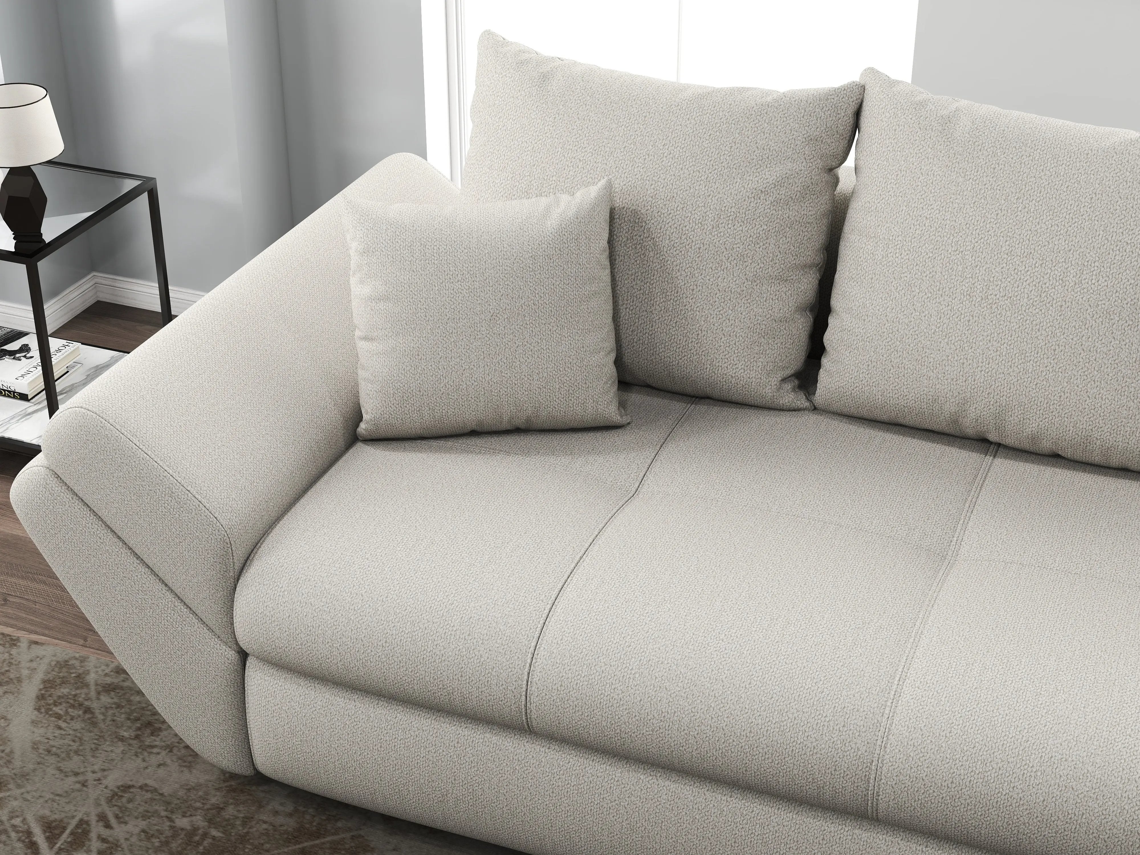 Canapea extensibilă dumonde cu ladă de depozitare si sezut confortabil din spuma HR, Loana Enjoy Bej 250x100 cm Fabrica