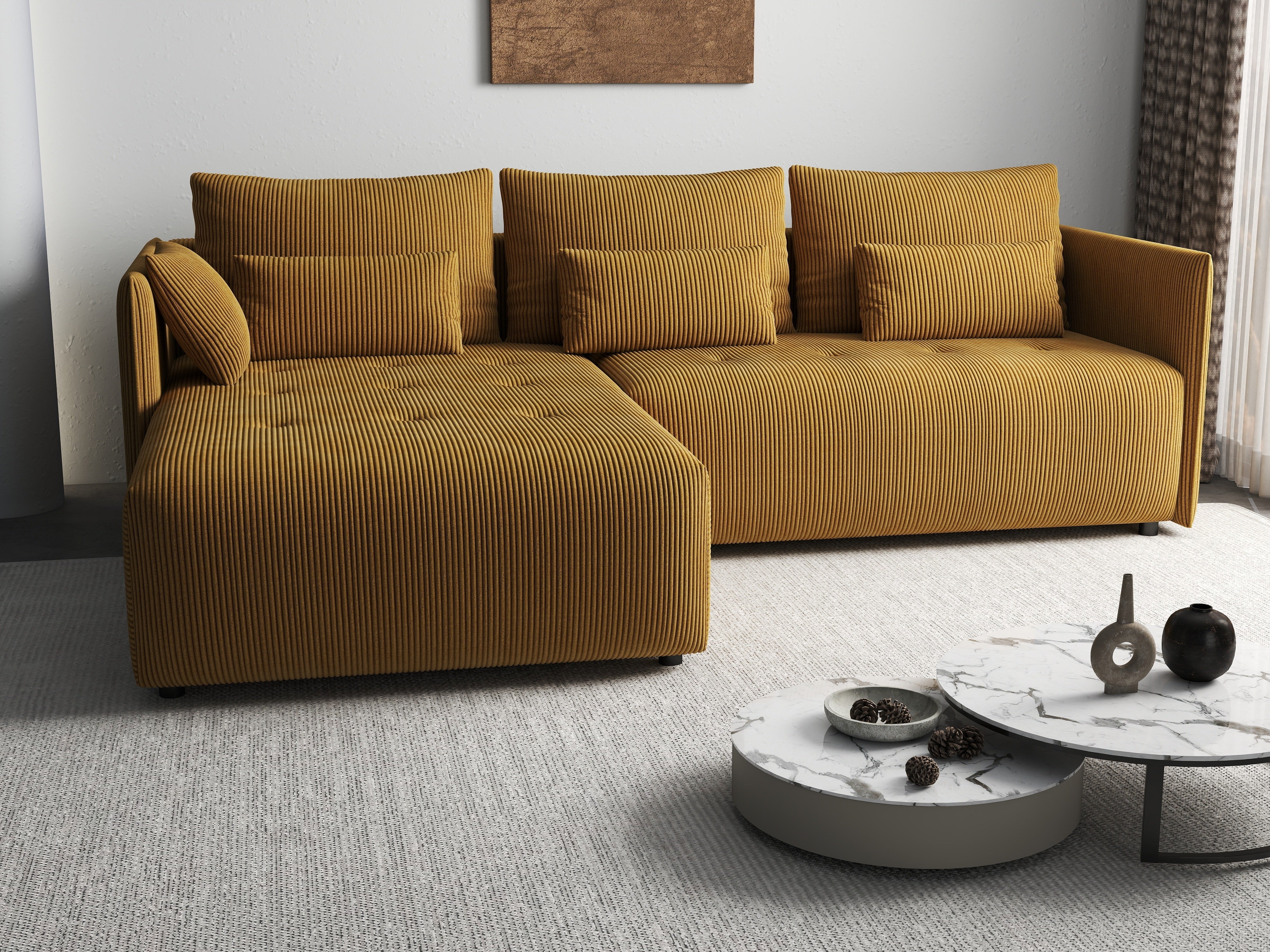 Colțar extensibil dumonde cu ladă de depozitare si sezut confortabil din spuma HR, Malta Zoom Mustar II 235x185 cm Fabrica