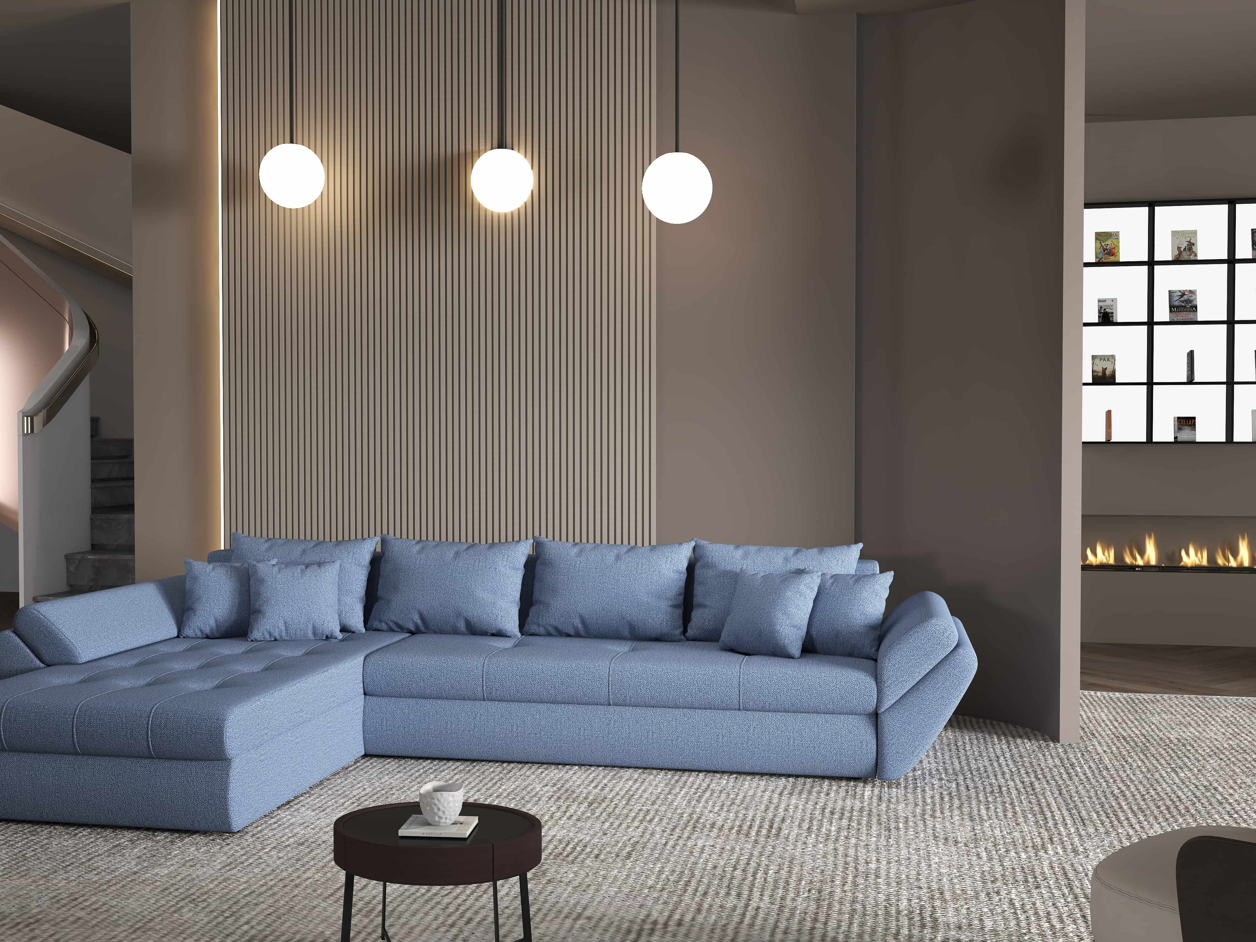 Colțar extensibil dumonde cu ladă de depozitare si sezut confortabil din spuma HR, Loana XL Enjoy Albastru 335x185 cm Fabrica