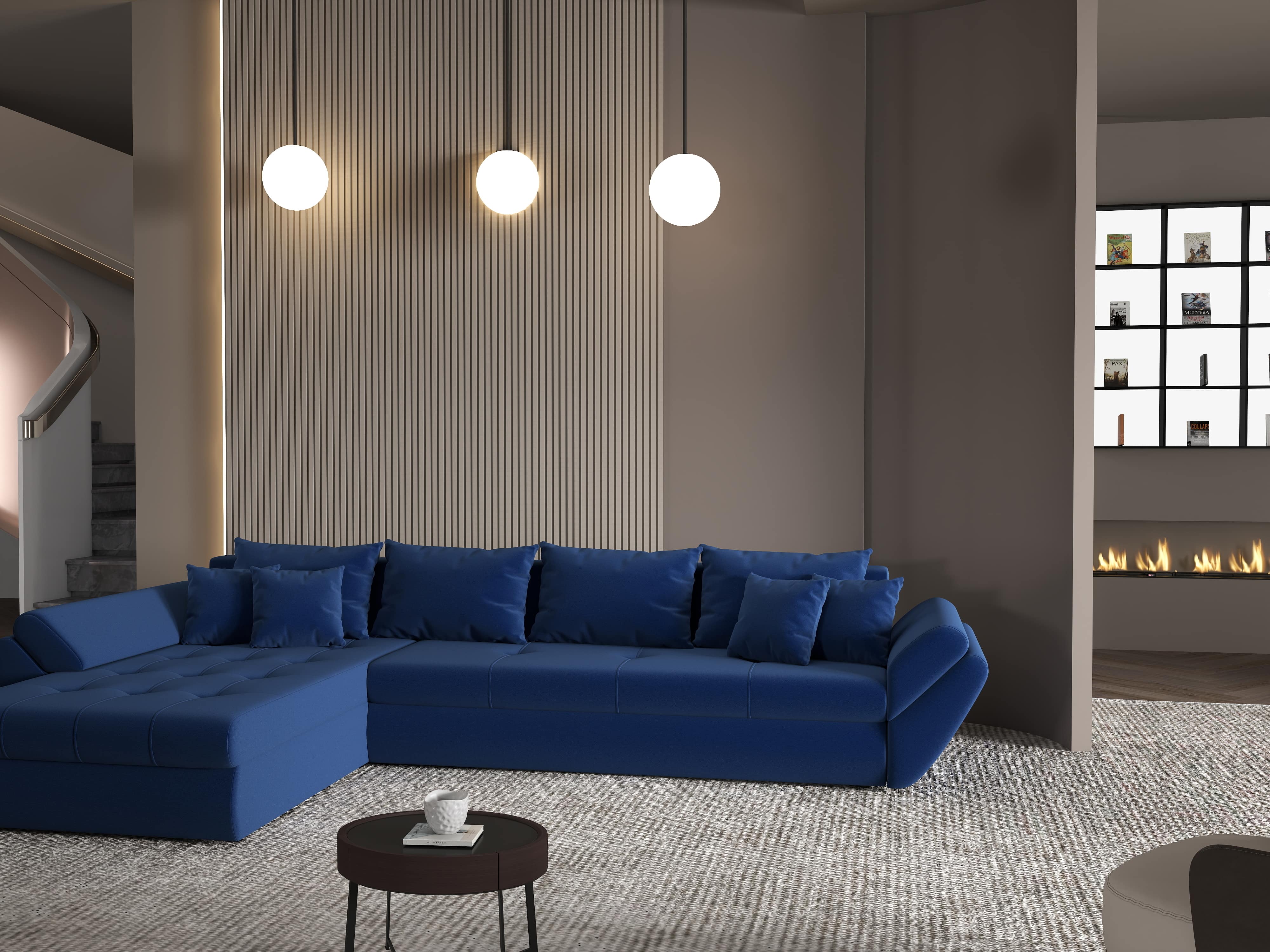 Colțar extensibil dumonde cu ladă de depozitare si sezut confortabil din spuma HR, Loana XL Royal Albastru 335x185 cm Fabrica