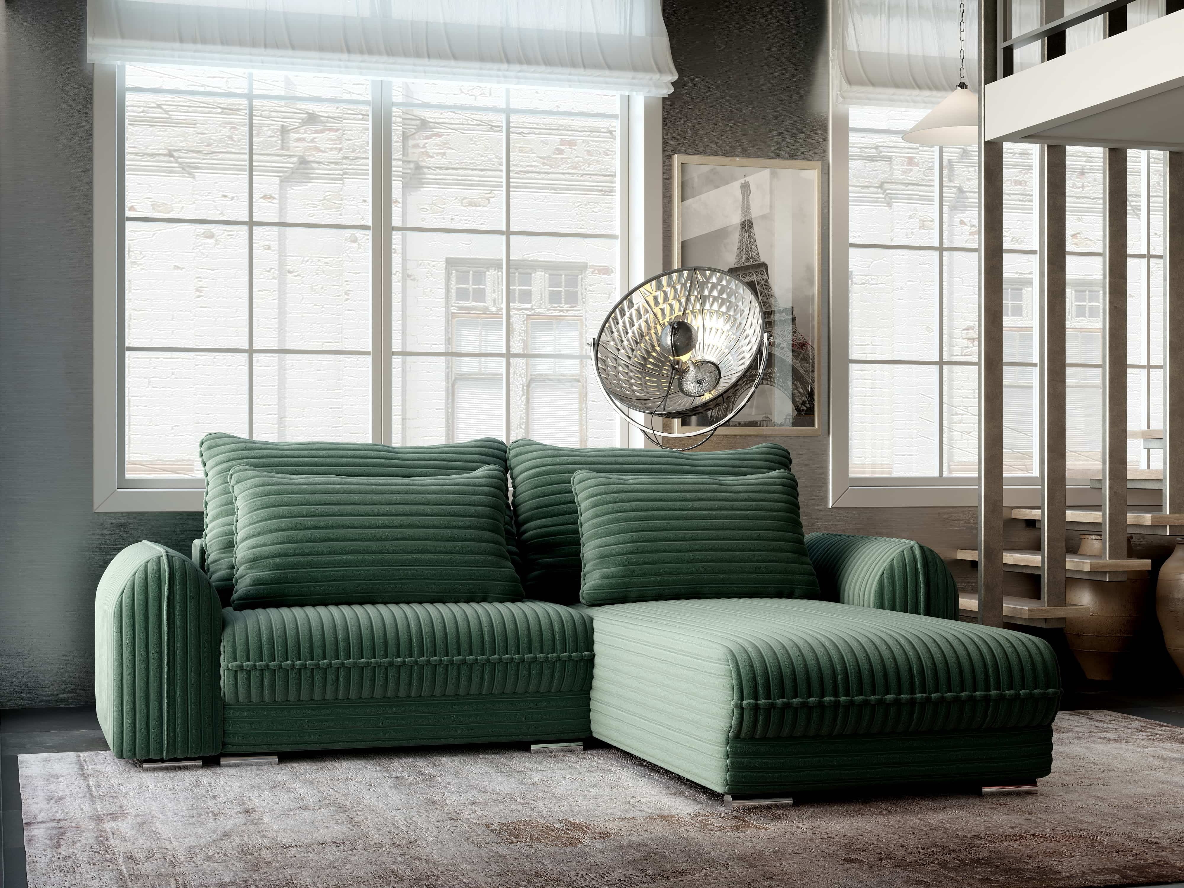 Colțar extensibil dumonde cu ladă de depozitare si sezut confortabil din spuma HR, Denver Ambience Verde 275x185 cm II Fabrica