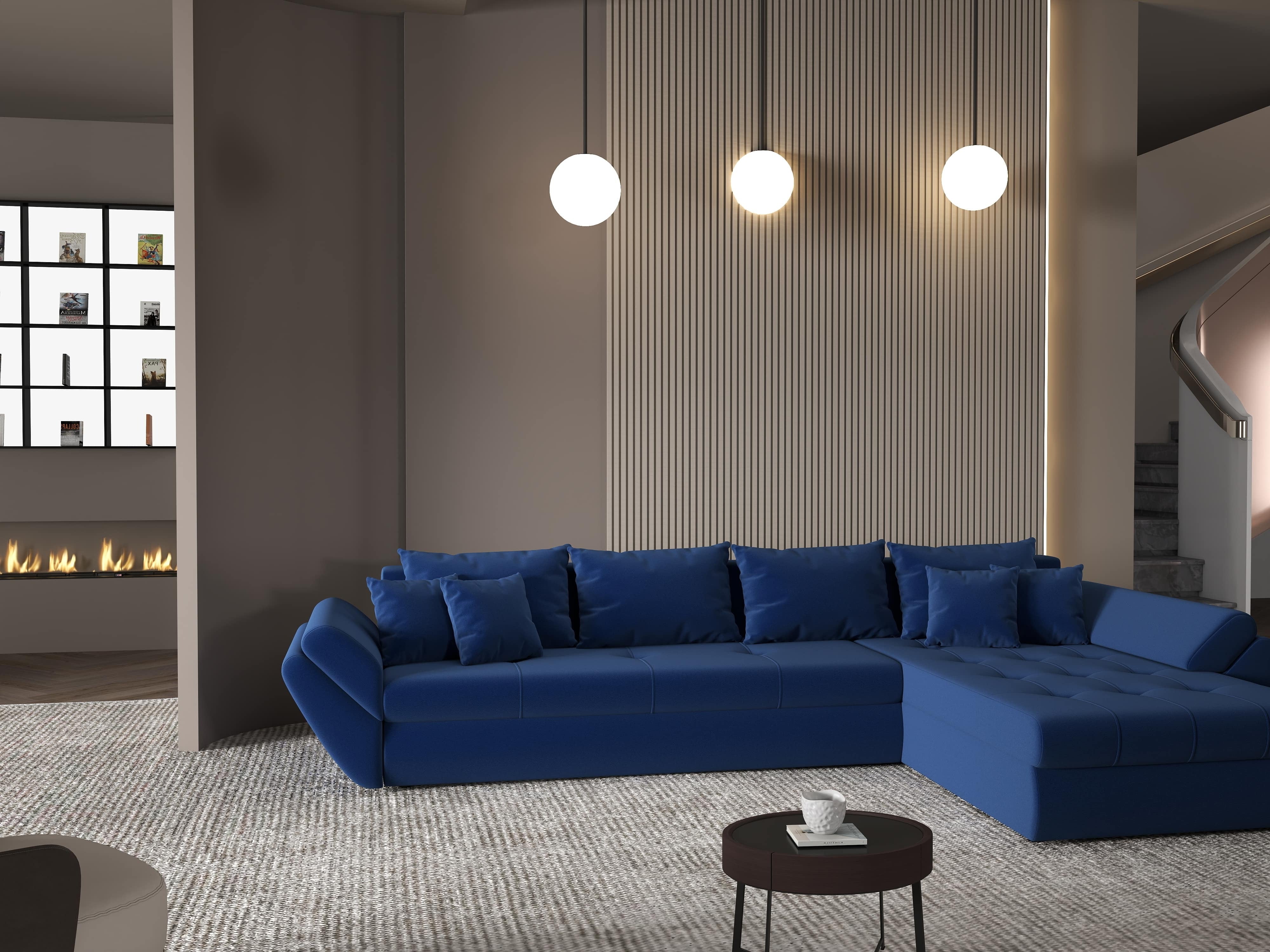 Colțar extensibil dumonde cu ladă de depozitare si sezut confortabil din spuma HR, Loana XL Royal Albastru II 335x185 cm Fabrica