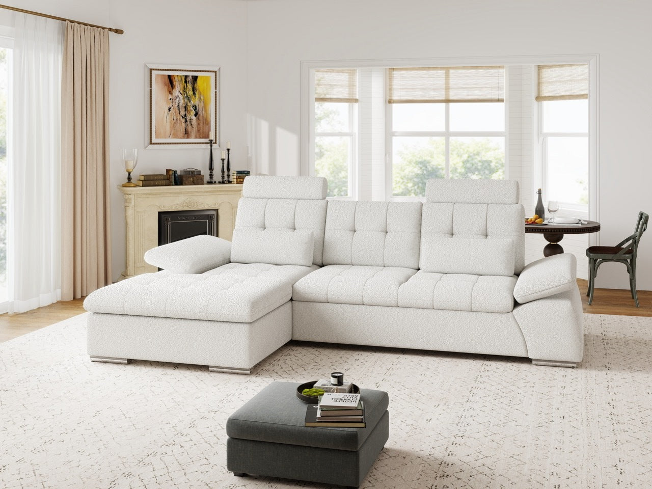 Colțar extensibil dumonde cu ladă de depozitare și șezut confortabil din spumă HR, Merkur Euphoria Alb 270x168 cm