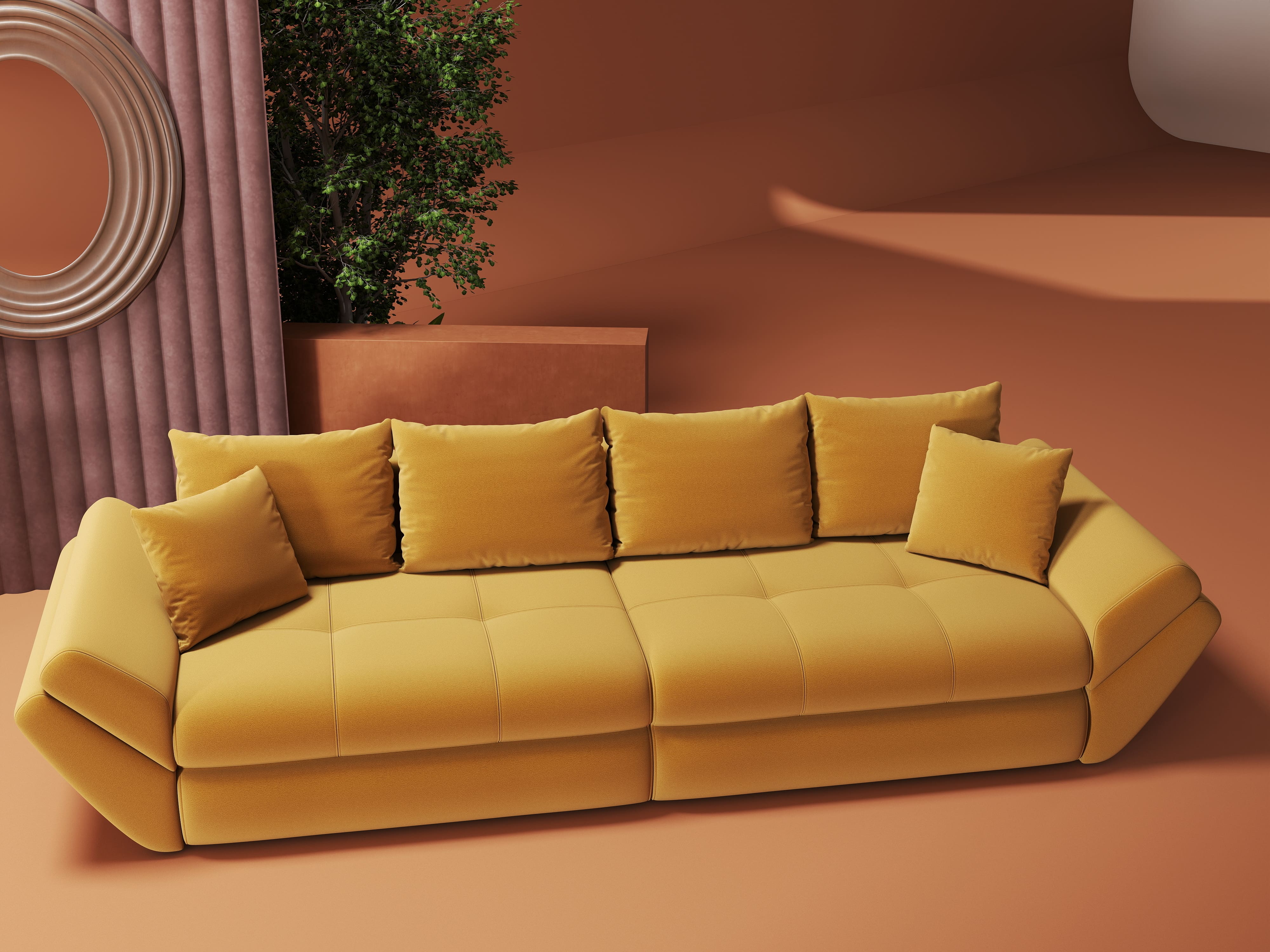 Canapea extensibilă dumonde cu ladă de depozitare si sezut confortabil din spuma HR, Loana Royal Mustar 300x100 cm Fabrica